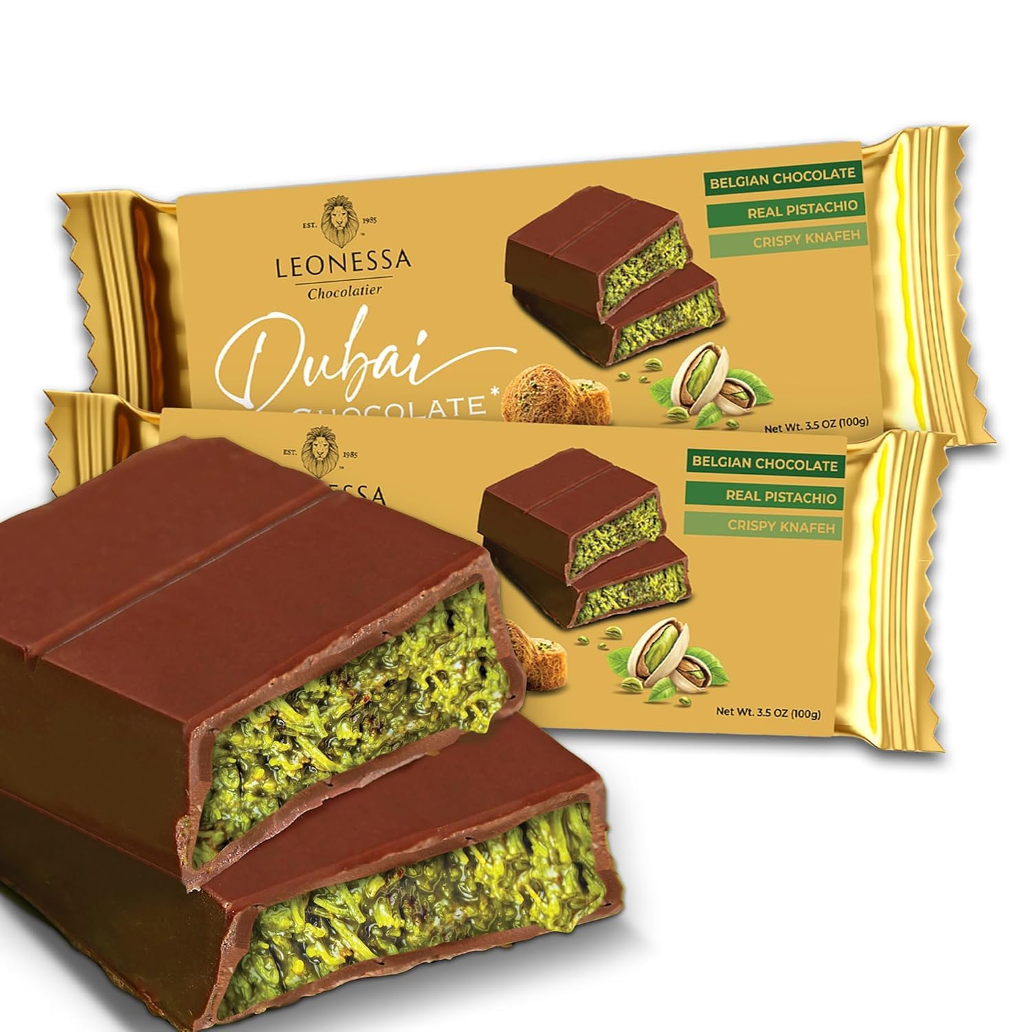 Leonessa Dubai Chocolate Bar Pistachio Kit - Top-Grade Dubai Chocolate Bar With Pistachio - Rich Flavor & Creamy Texture - 3.5 Oz Pack Of 2