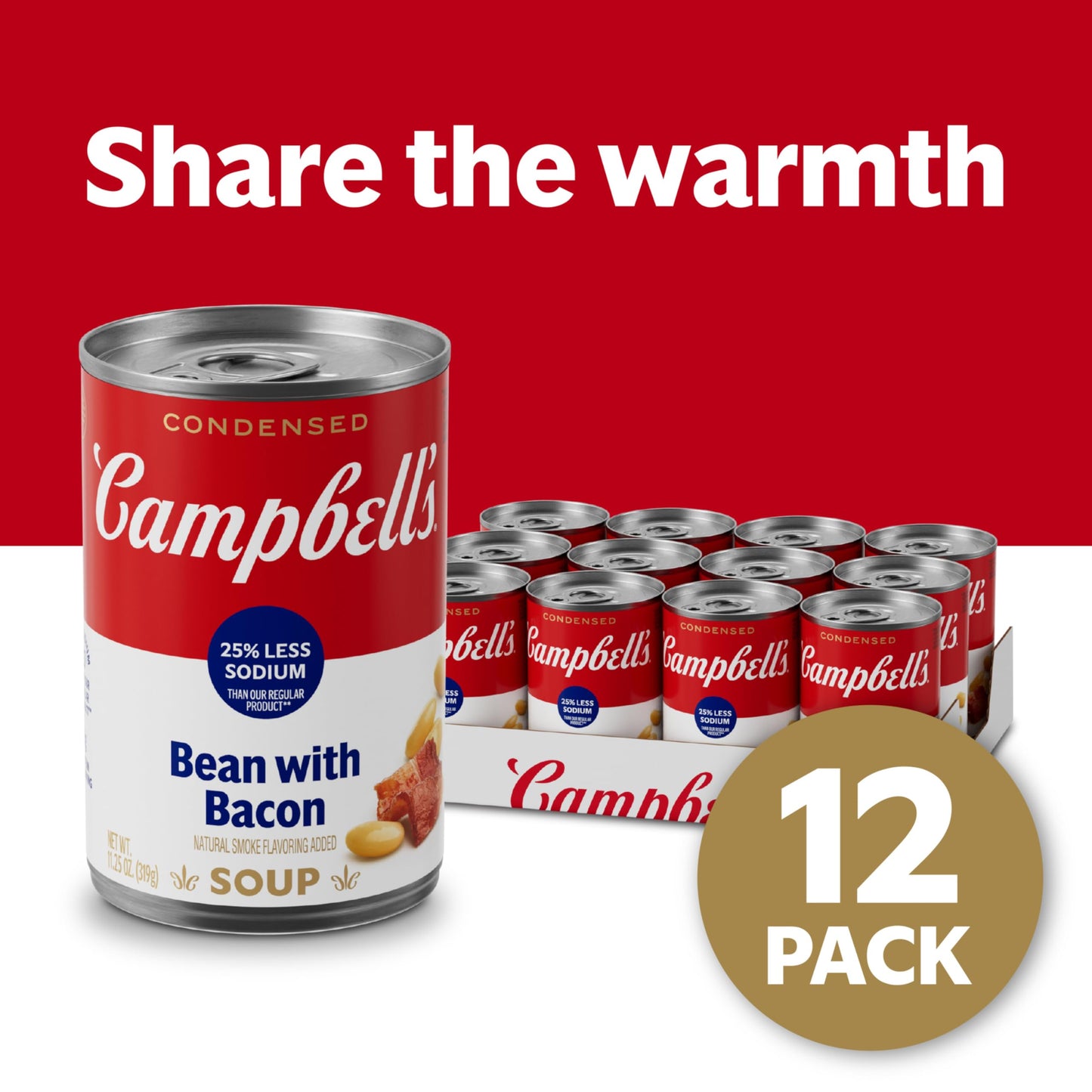 Campbells Condensed 25% Less Sodium Bean With Bacon Soup, Natural Smoke Flavoring Added, 11.25 Oz Can (Case Of 12)