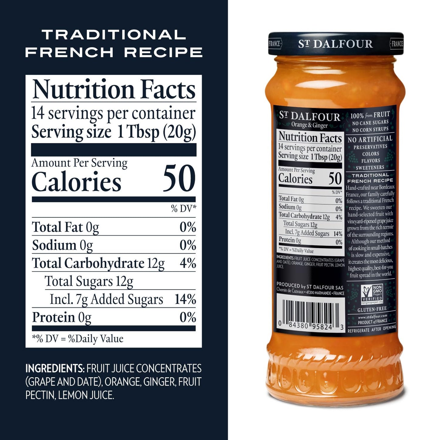 St. Dalfour Orange & Ginger Fruit Spread - 10Oz - 100% From Fruit & Ginger, No Artificial Ingredients, Non-Gmo, No Cane Sugars,