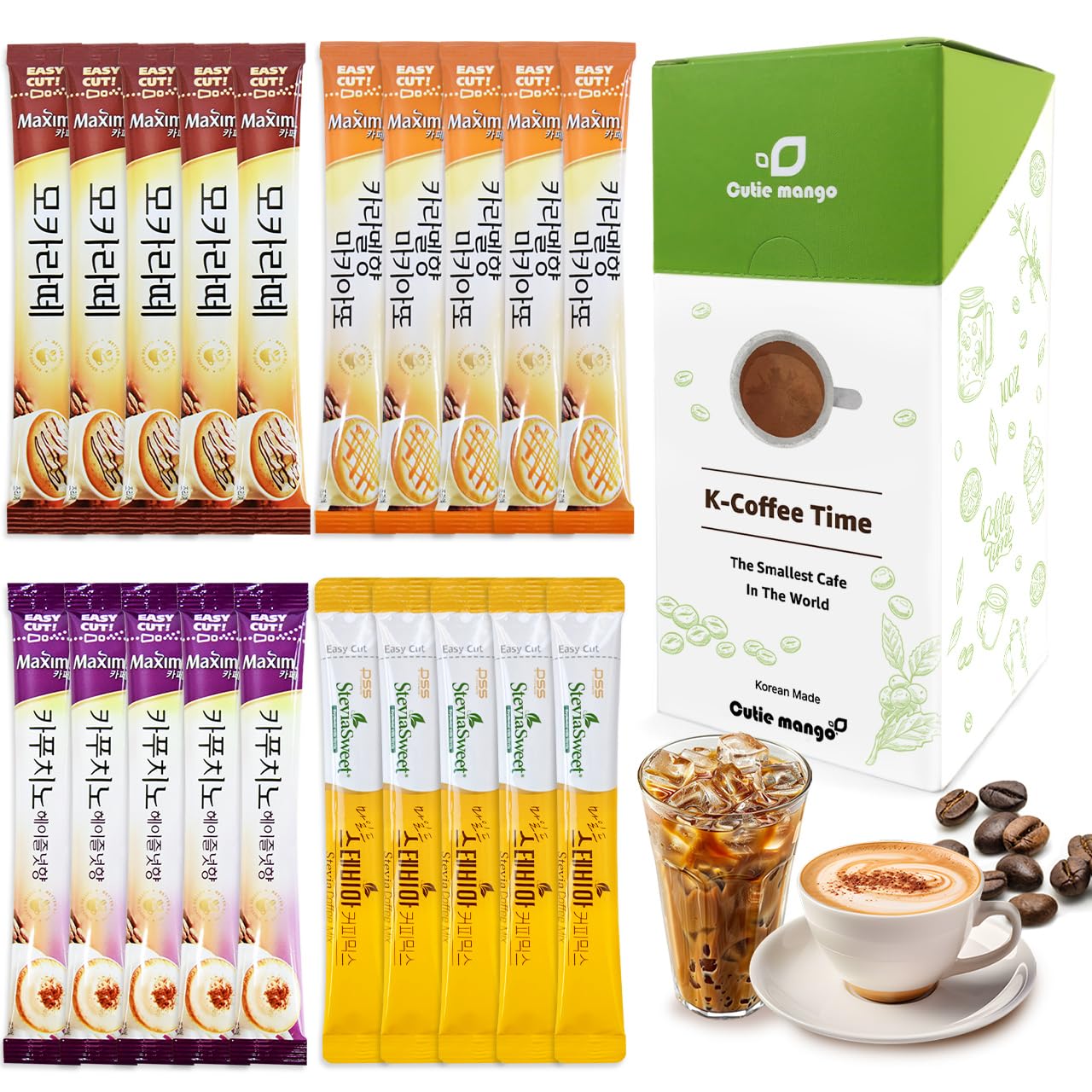 CUTIE MANGO Maxim Caf   & Stevia Variety 20 Sticks Premium Korean Style Instant Coffee Mix Sampler Cappuccino Hazelnut Mocha Lat