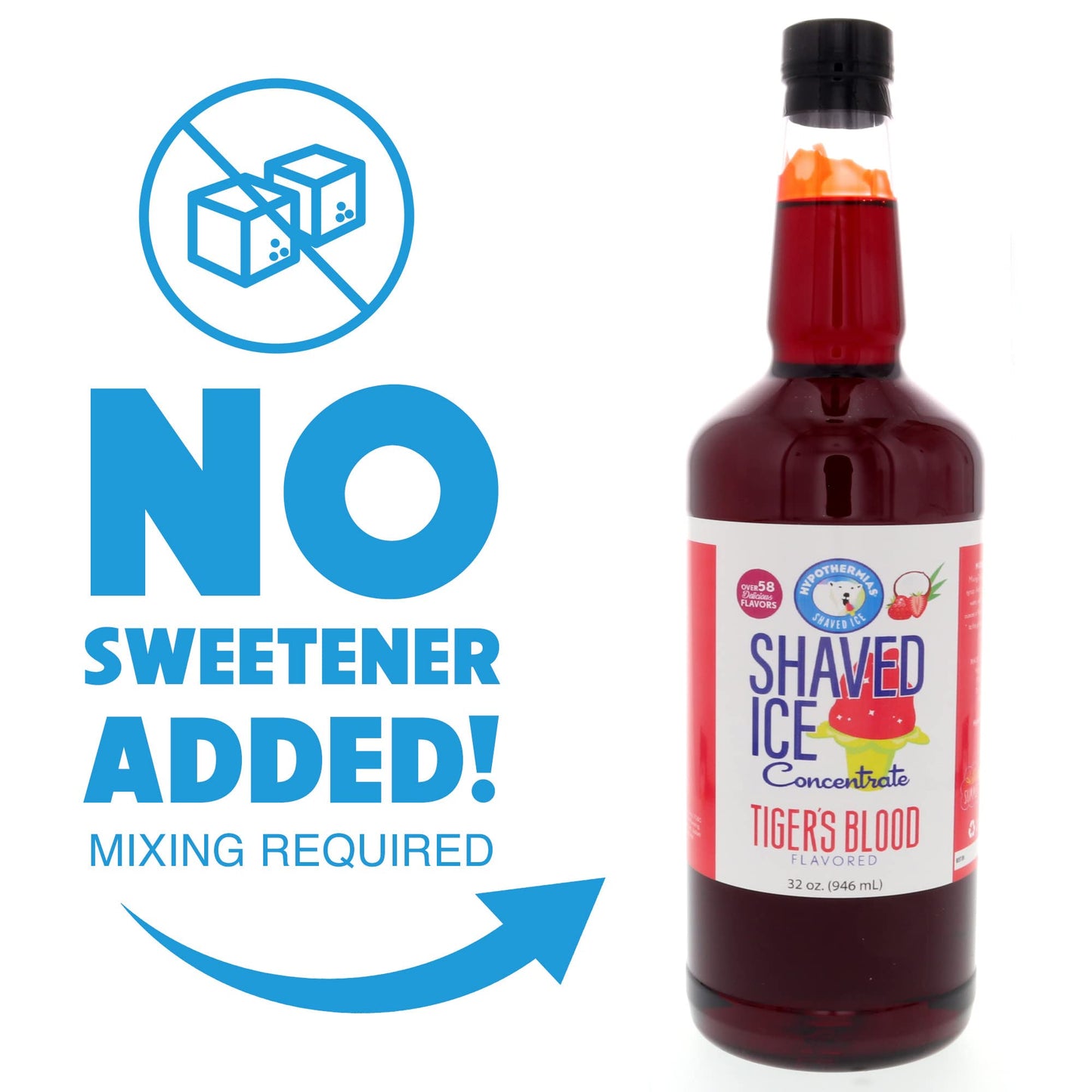 Hypothermias Shaved Ice Syrup Concentrate, Tigers Blood Flavor, 32 Fl Oz, Makes 8 Gallons, Unsweetened, Add Sweetener and Water