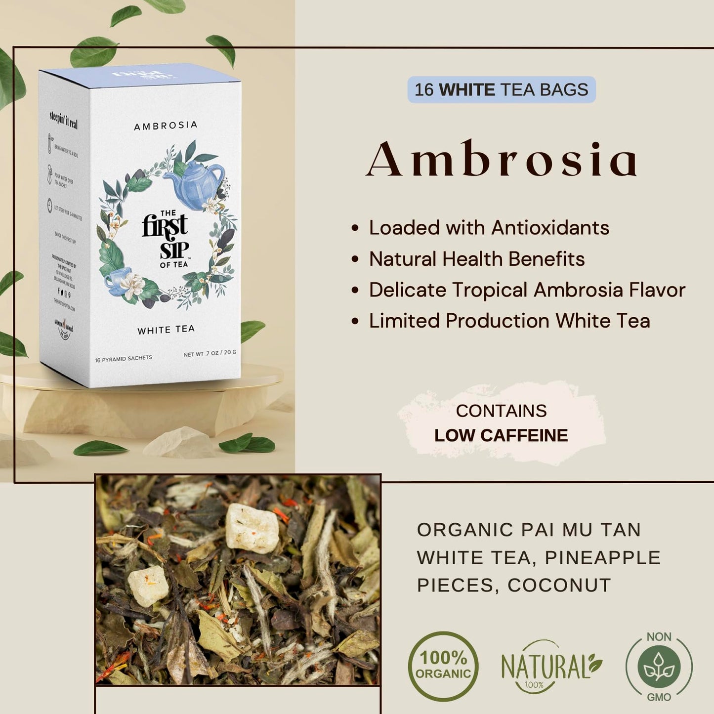 The Spice Hut Ambrosia White Tea Pyramid Sachets Low-Caffeine Antioxidant-Rich 16 Count