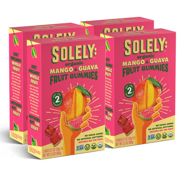 SOLELY - Organic Mango & Guava Whole Fruit Gummies (Pack of 4 Boxes, 5 Bags per Box) - Real Fresh Fruit - Healthy Snacks for Adu