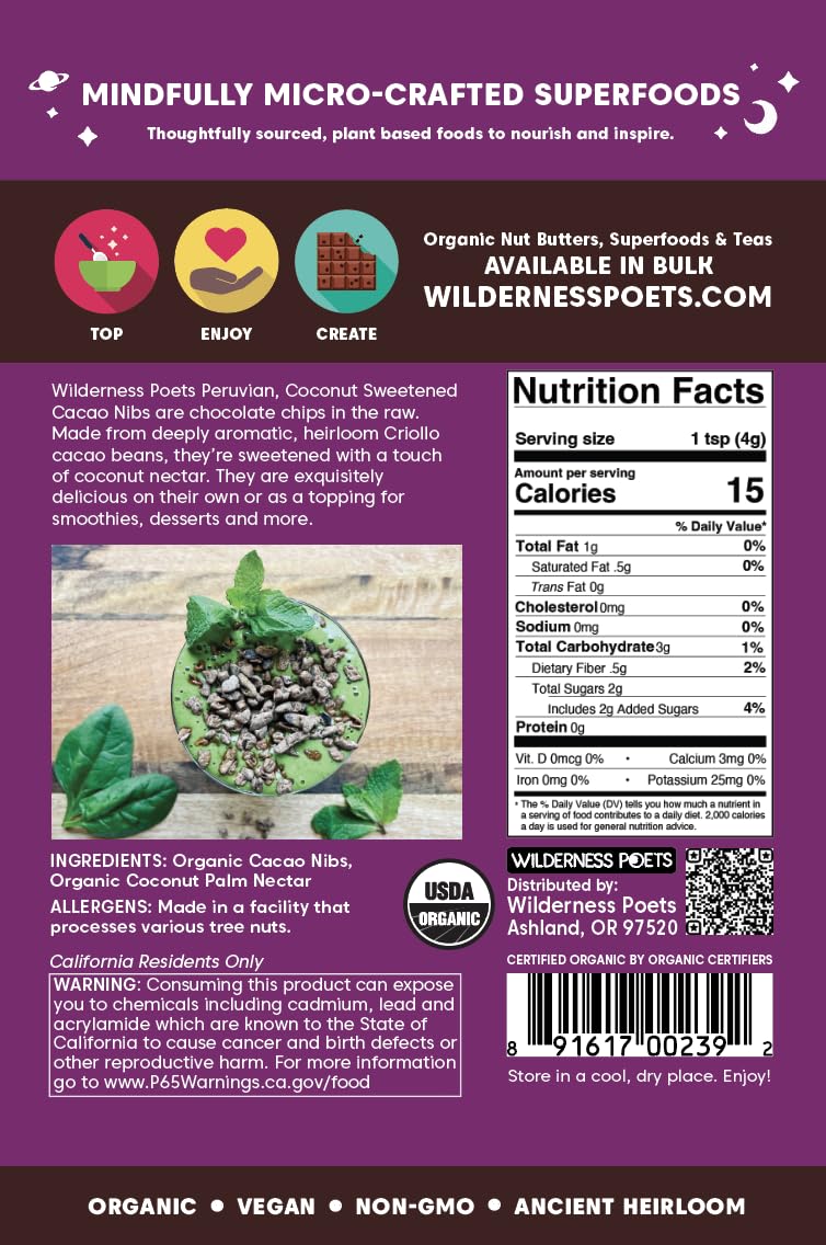 Wilderness Poets Cacao Nibs (Sweetened with Coconut Nectar) - Organic Raw Cacao Nibs - 100% Peruvian Heirloom Cacao (Criollo Var