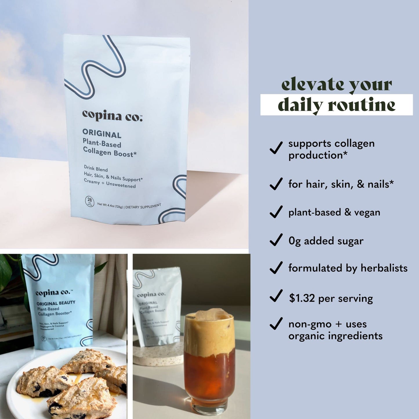 Copina Co. Original Vegan Collagen Booster Creamer Mix: Plant Based Collagen Support Smoothie Drink Vegan Creamy Blend | Origina