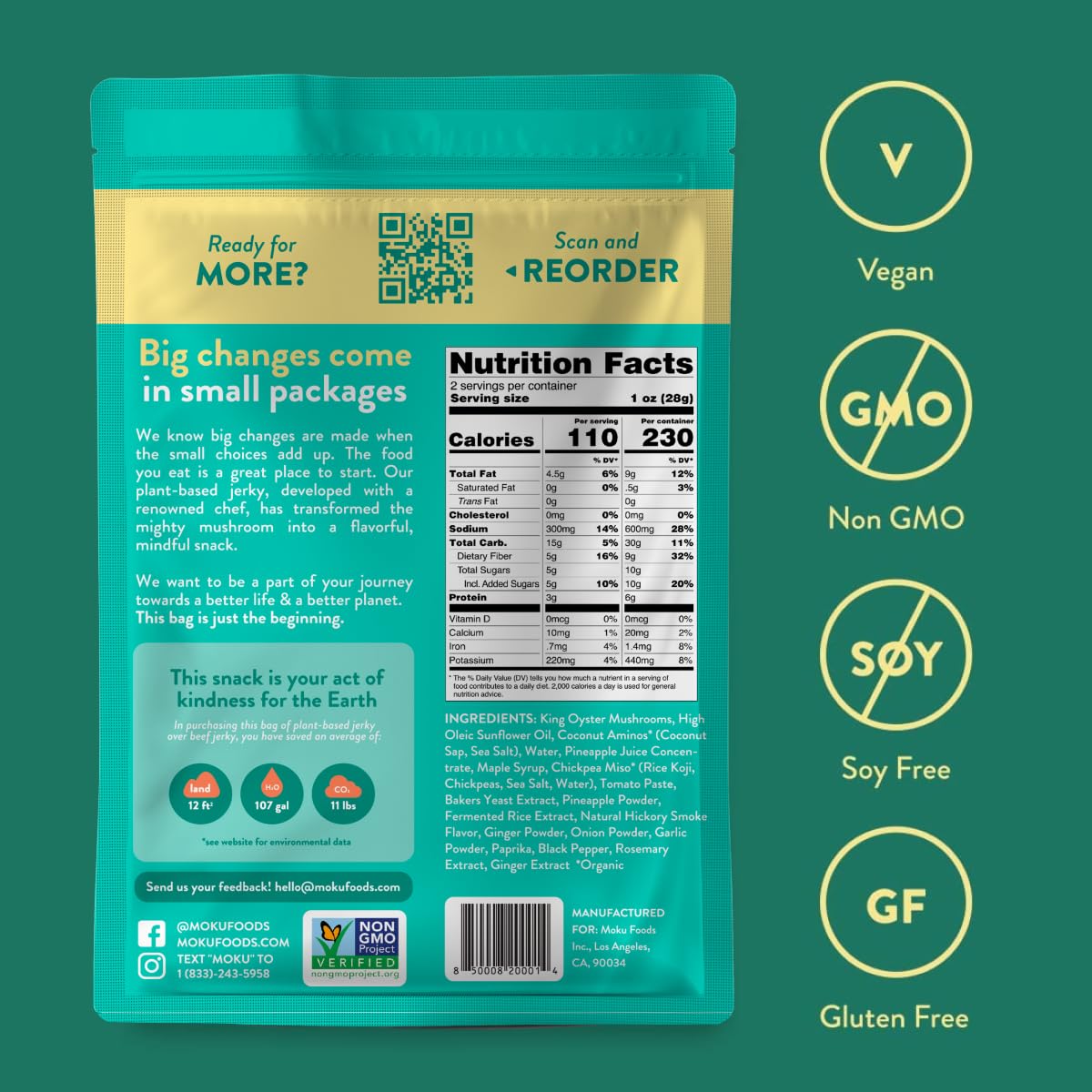 Moku Plant-Based Mushroom Jerky, Hawaiian Teriyaki (3 Pack) Vegan Jerky, Gluten Free, Soy-Free, Non-Gmo Vegan Snacks, Vegan Meat