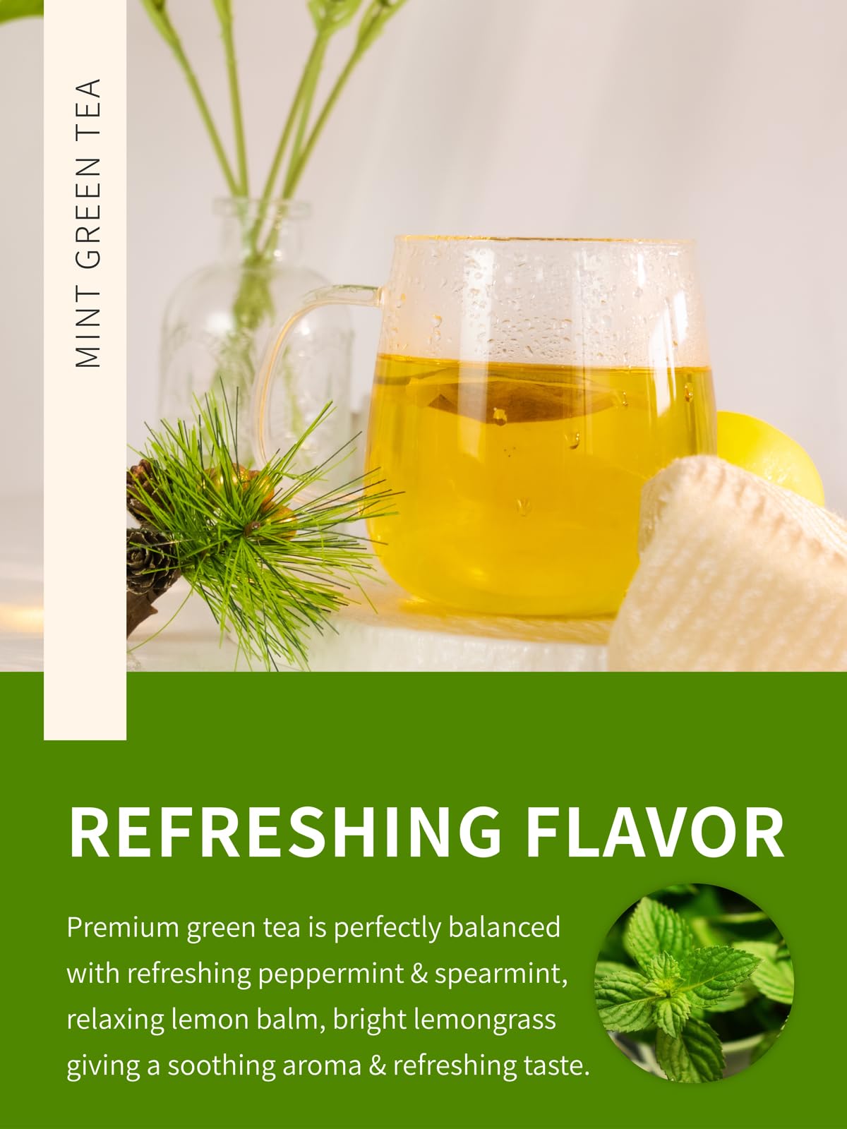 Teelux Mint Green Tea Bags, Green Tea With Peppermint, Spearmint And Lemongrass, Caffeinated, 100% Real And Natural, 100 Count