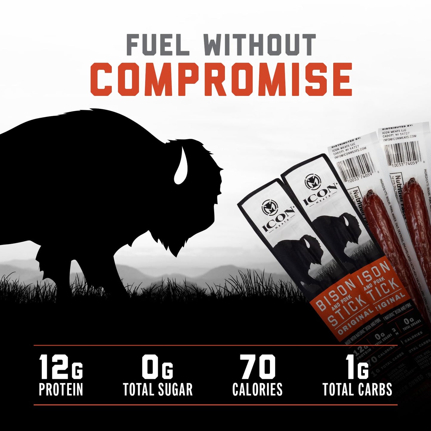 ICON Meats Bison and Pork Snack Sticks - Original Flavor - 24 Pack - High Protein, Low Calorie, Sugar Free, USDA Approved
