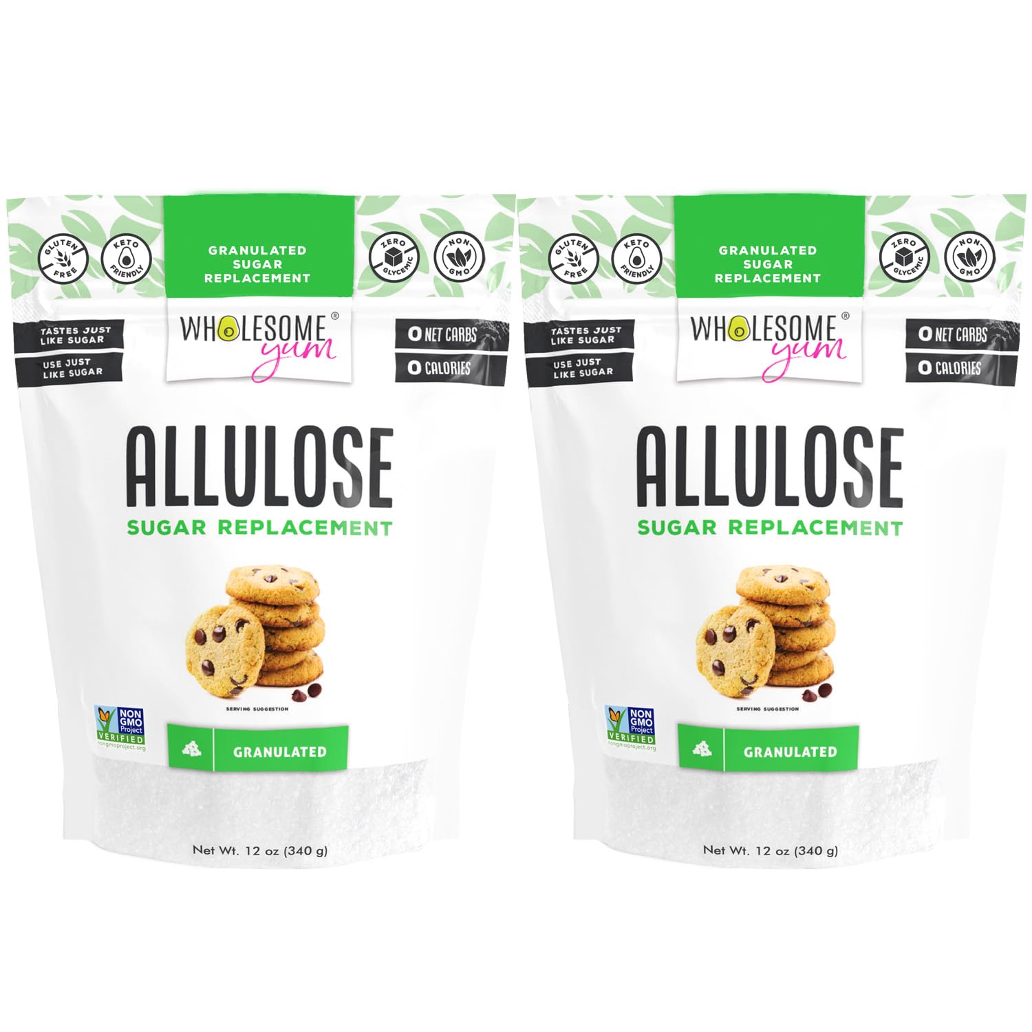 Wholesome Yum Allulose Sweetener - Natural Granulated Sugar Substitute - Keto, Non Gmo, Zero Carb, Zero Calorie, Sugar Free, No Aftertaste, Tummy Friendly - Granular Sugar Replacement (12 Oz, 2 Pack)