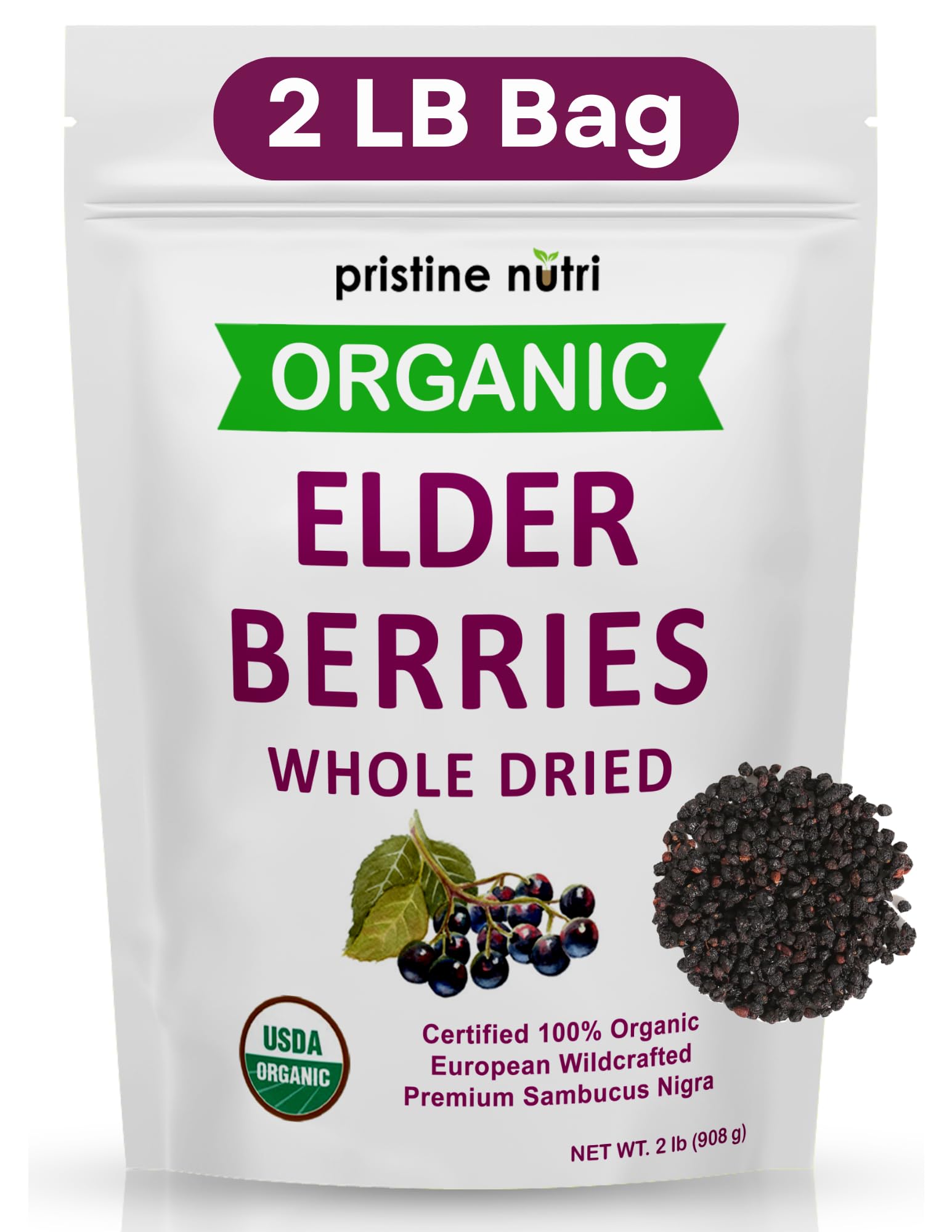 Pristine Nutri Organic Dried Elderberries | Non-GMO, Wildcrafted | 32 oz Bulk | Immunity Booster