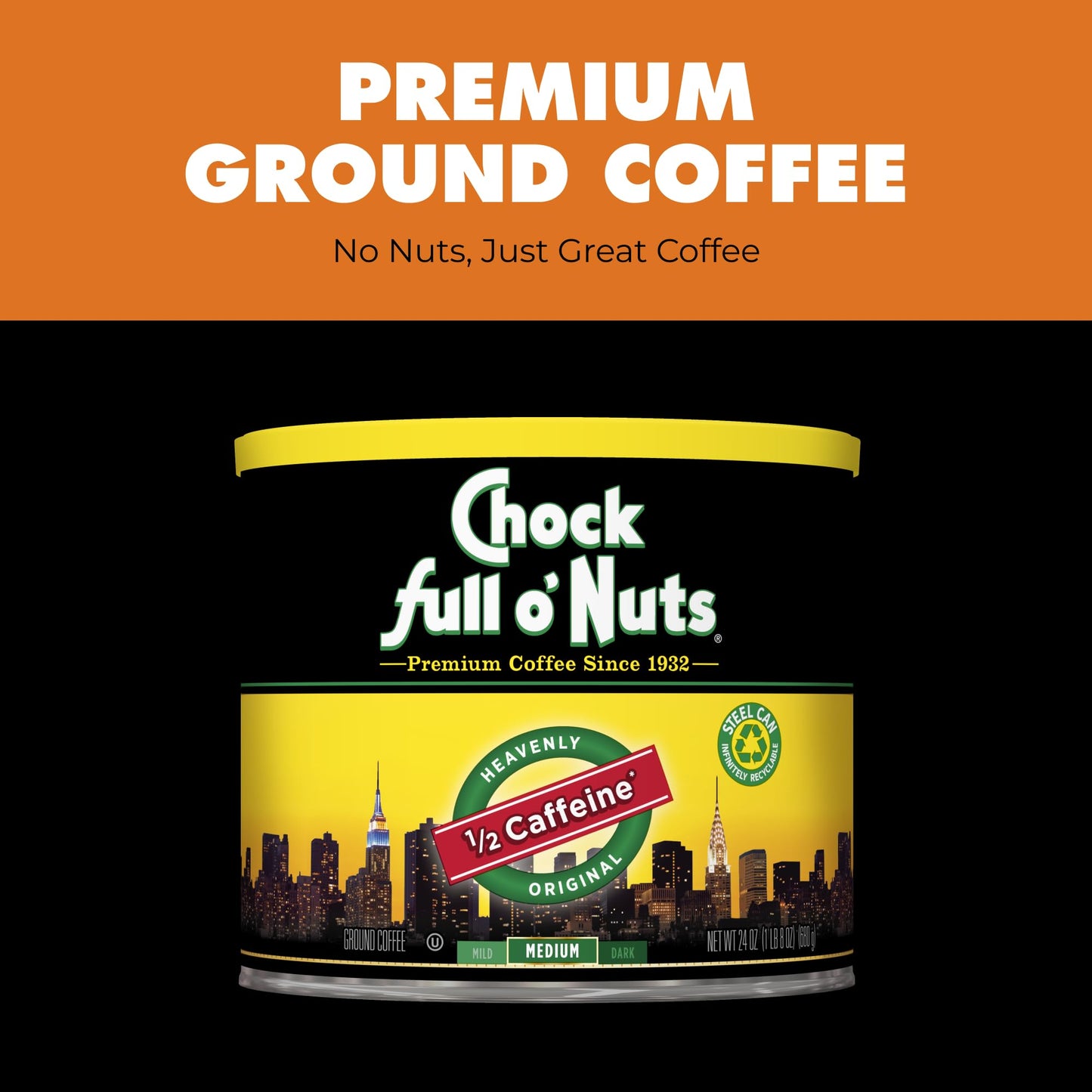 Chock Full o Nuts Half Caffeine Ground Coffee – Medium Roast, 24 Oz Can – Rich Flavor & Aroma