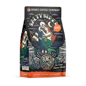 Bones Coffee Company Decaf Salty Siren, Sea Saled Caramel Chocolate Decaffeinated Flavored Coffee, Medium Roast Low Acid Arabica Beans For Auto Drip And French Press Coffee Maker, 12 Oz Ground