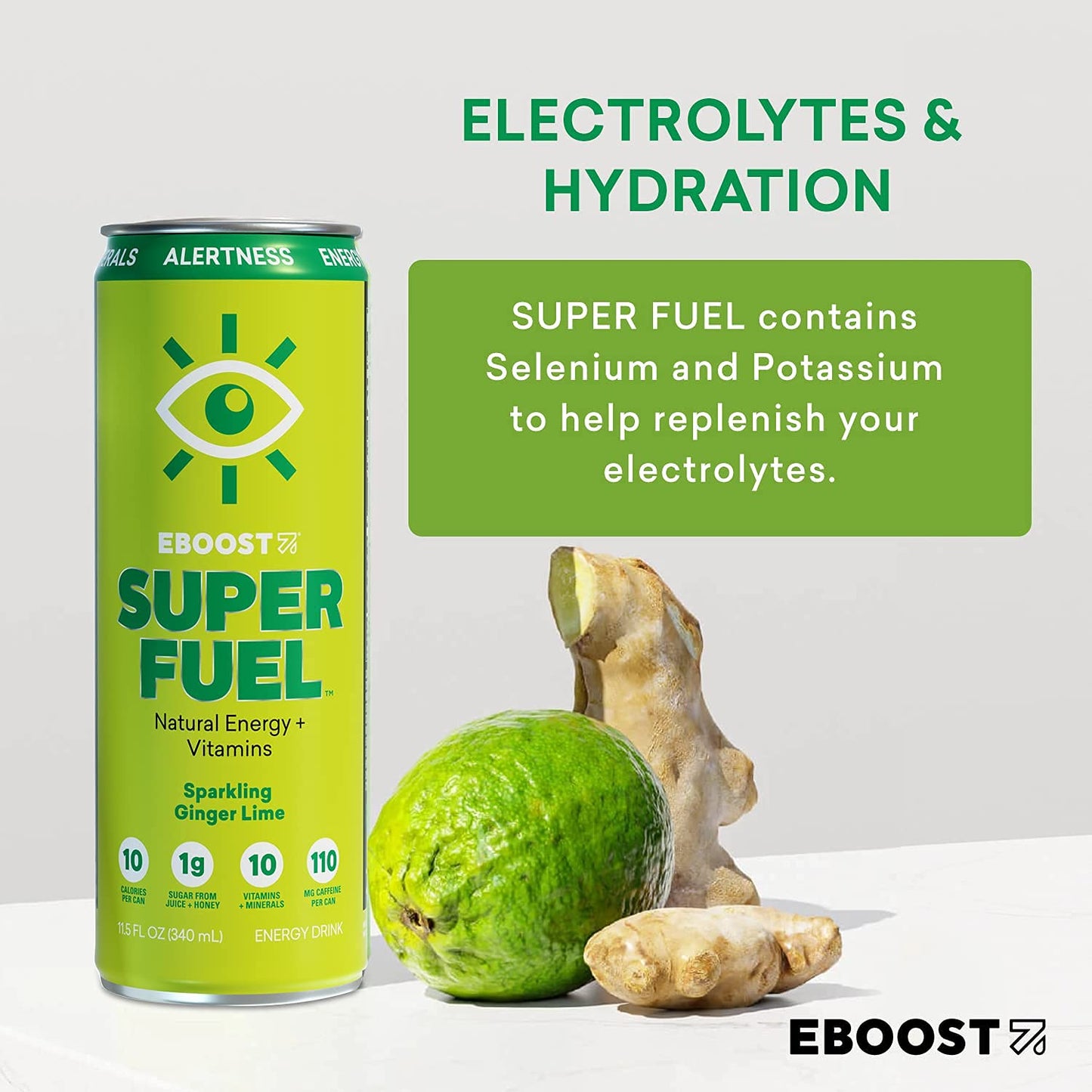 Eboost Super Fuel Healthy Energy Drink - Caffeine From Natural & Clean Ingredients For Focus And Productivity -Taurine Free Pre-Workout With Electrolytes, Nootropic & Vitamins - Ginger Lime, 12 Pack