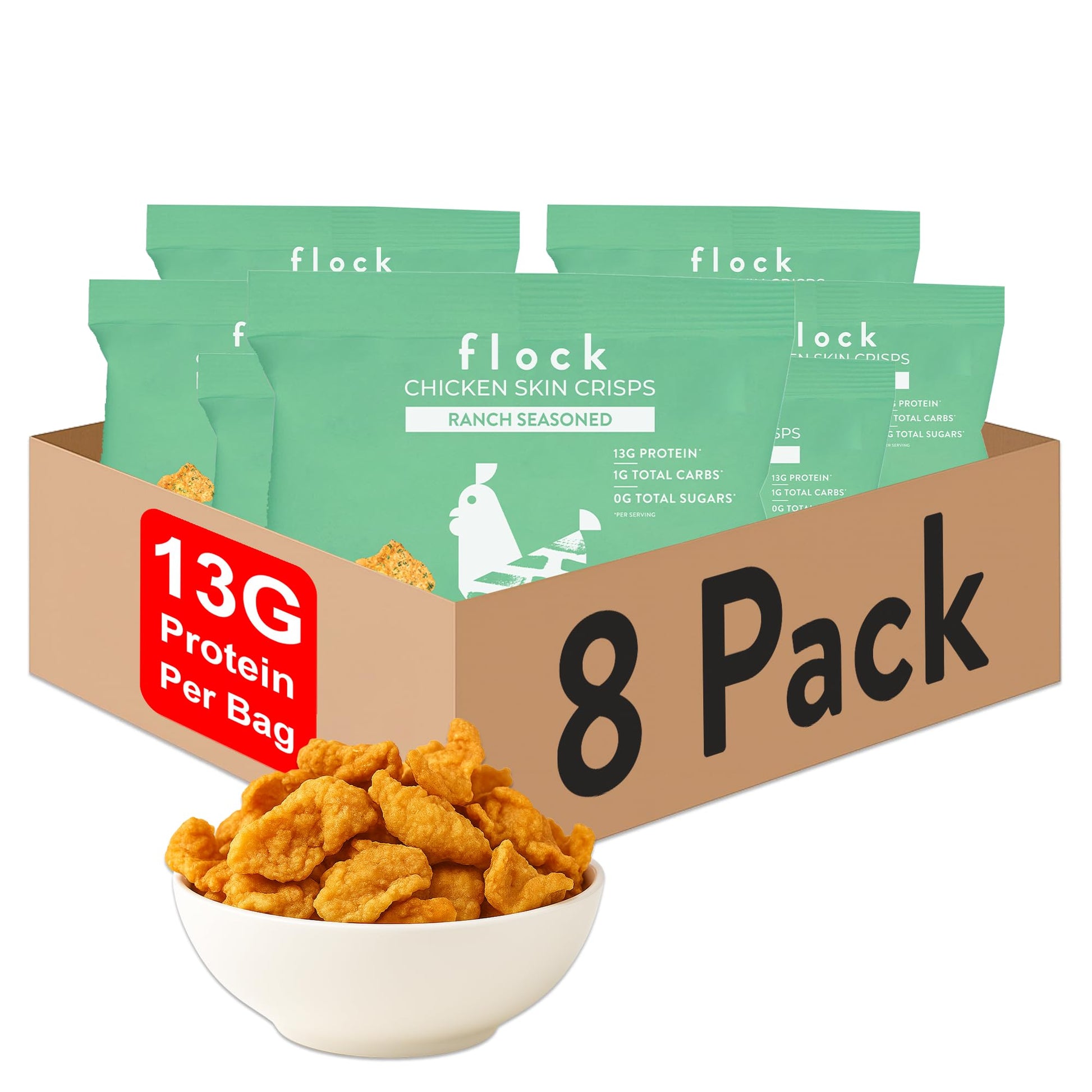 Flock Keto Chicken Skin Chips | Low Carb  High Protein  Sugar Free  Gluten Free Single Serve Snack - Ranch Flavor  8-Pack (1Oz)