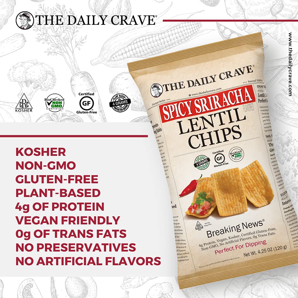 The Daily Crave Lentil Chips, Spicy Sriracha, 4 G Protein, Gluten-Free, Non-Gmo, Kosher, Crunchy, 4.25 Oz (Pack Of 8)
