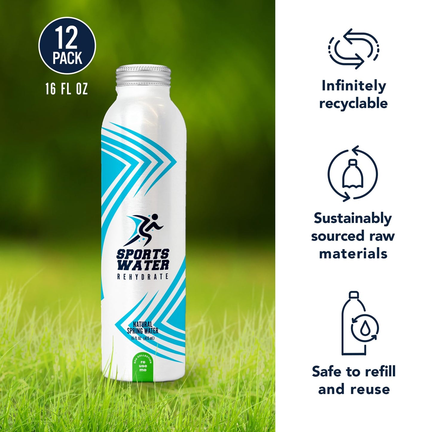 Pulse+ Sports Natural Spring Water - Natural, Filtered Spring Water - Bpa-Free, Aluminum Recyclable Bottles - 12 Pack