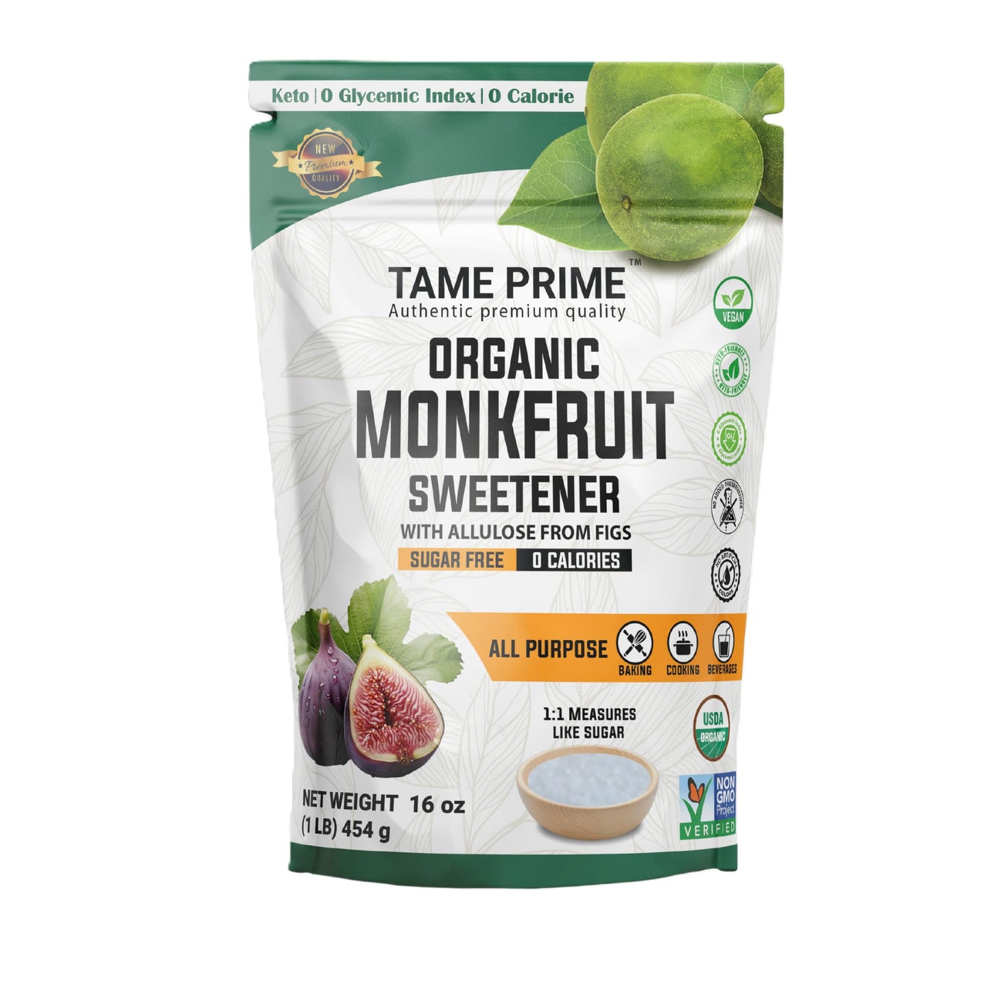 Tame Prime Usda Organic Monkfruit Sweetener With Allulose From Figs, 1 Lb (454 G), 1:1 Sweet Like Sugar, Organic Monk Fruit With