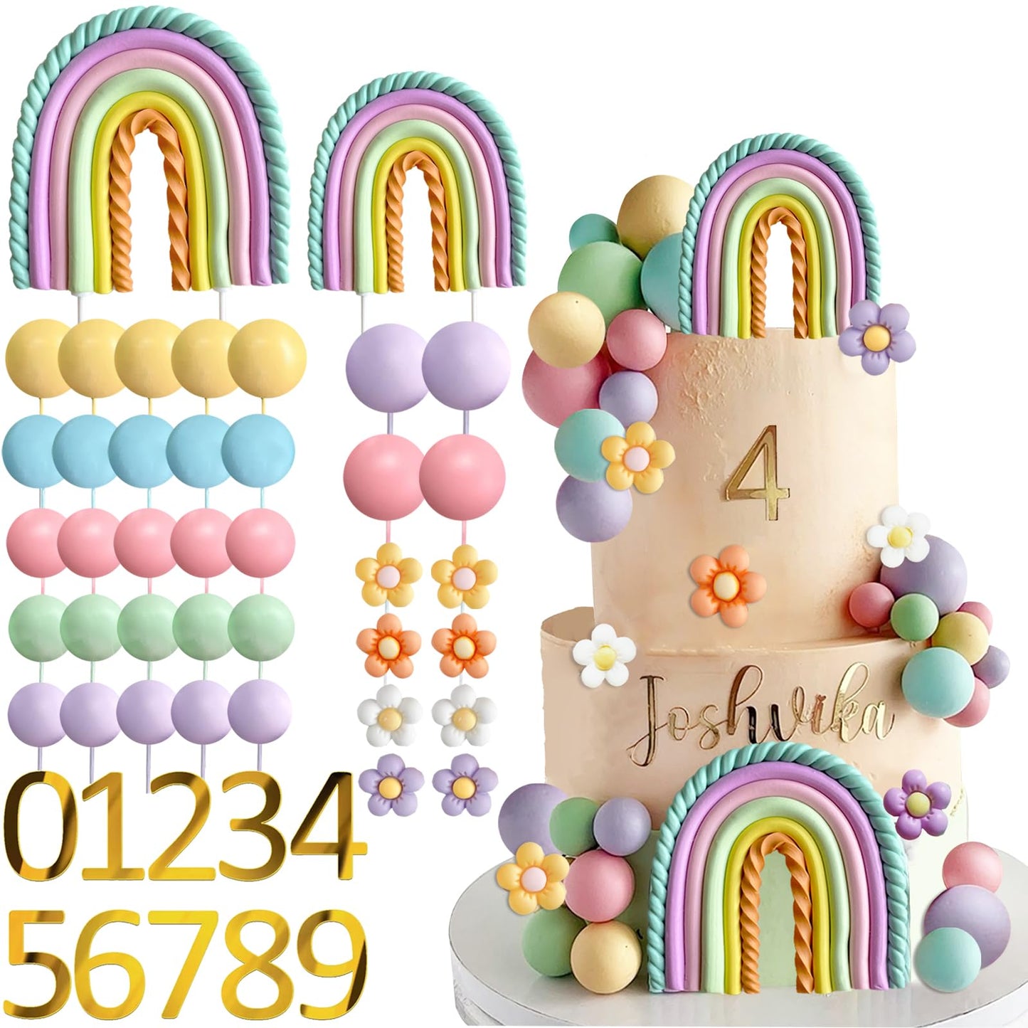 Ufromsky 49Pcs Rainbow Cake Topper Groovy Boho Hippie Cake Decorations Pastel Balls Daisy Flower Number Cake Toppers For Retro Hippie Party Girls Women Birthday Wedding Rainbow Theme Party Supplies