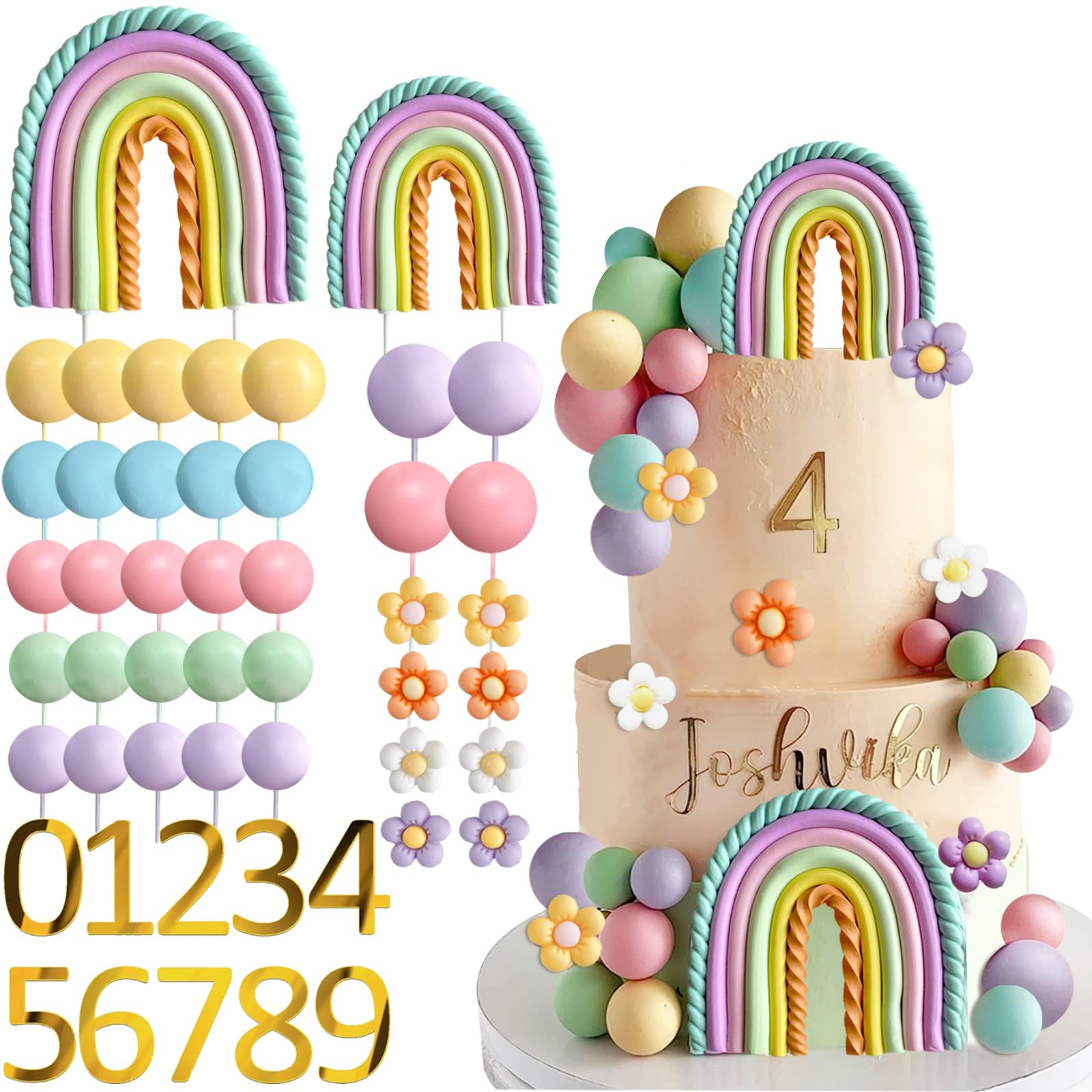 Ufromsky 49Pcs Rainbow Cake Topper Groovy Boho Hippie Cake Decorations Pastel Balls Daisy Flower Number Cake Toppers For Retro Hippie Party Girls Women Birthday Wedding Rainbow Theme Party Supplies