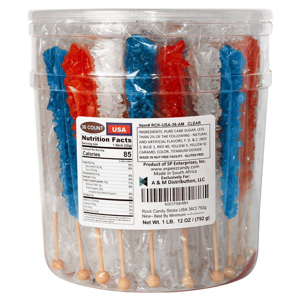 Espeez Extra Large Rock Candy Sticks, 36 Count, Red, White, Blue, Individually Wrapped for Parties, Birthdays, and Events