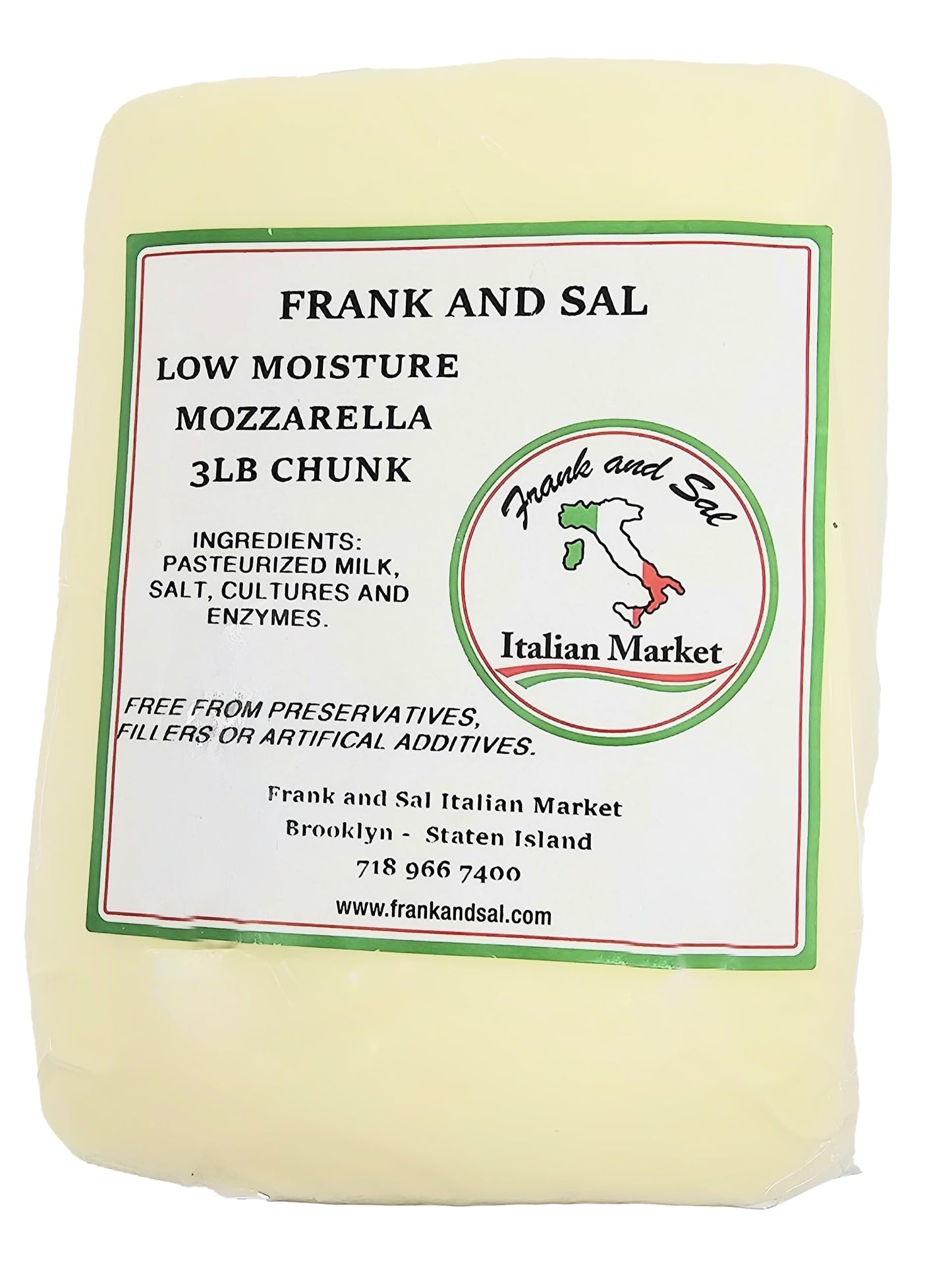 Frank and Sal Low Moisture Mozzarella Cheese – 3 Pound Loaf – Ideal for Pizza and Pasta