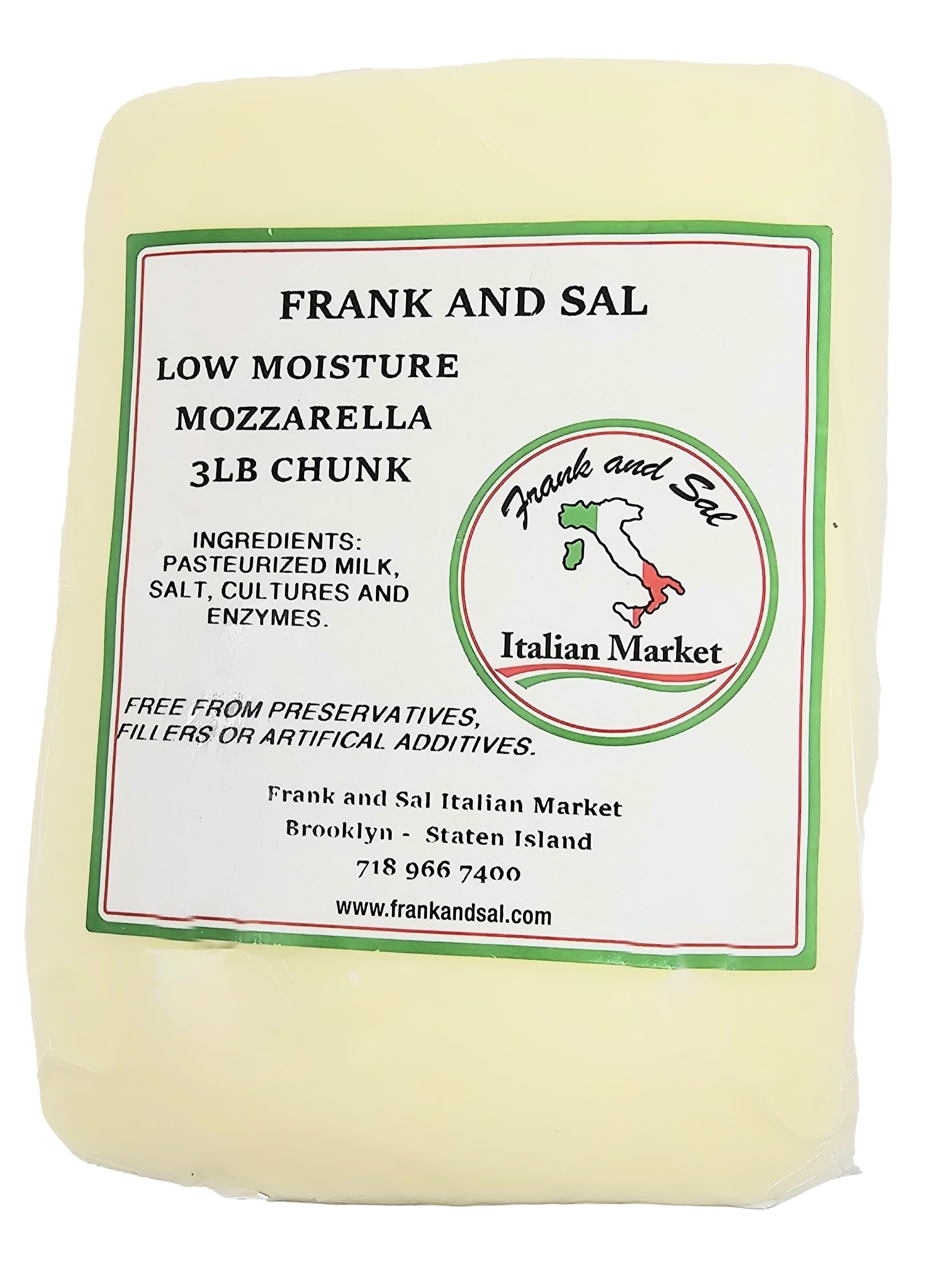Frank and Sal Low Moisture Mozzarella Cheese – 3 Pound Loaf – Ideal for Pizza and Pasta