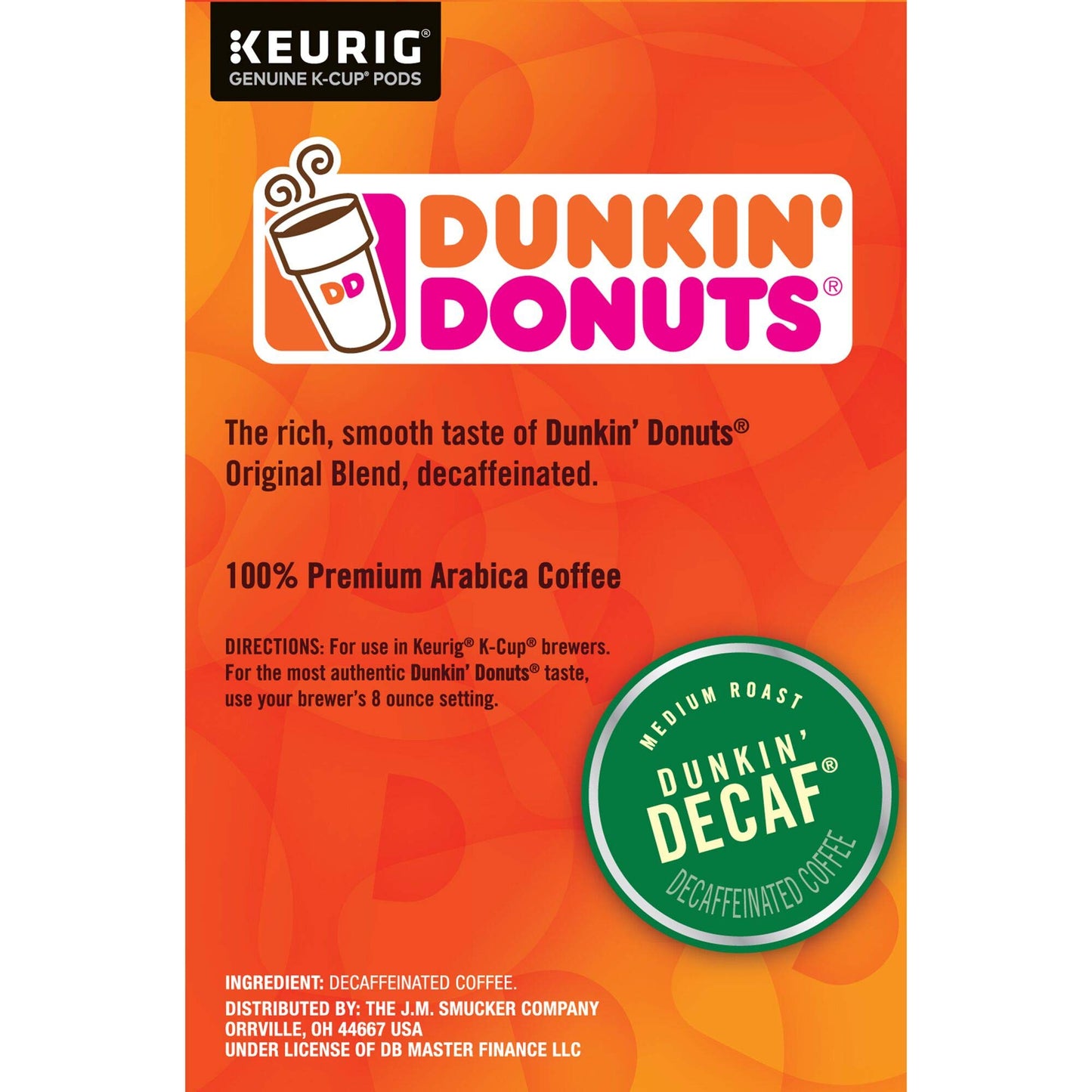 Dunkin Donuts Medium Roast Decaf Coffee, 64 K Cups for Keurig, 64 Count