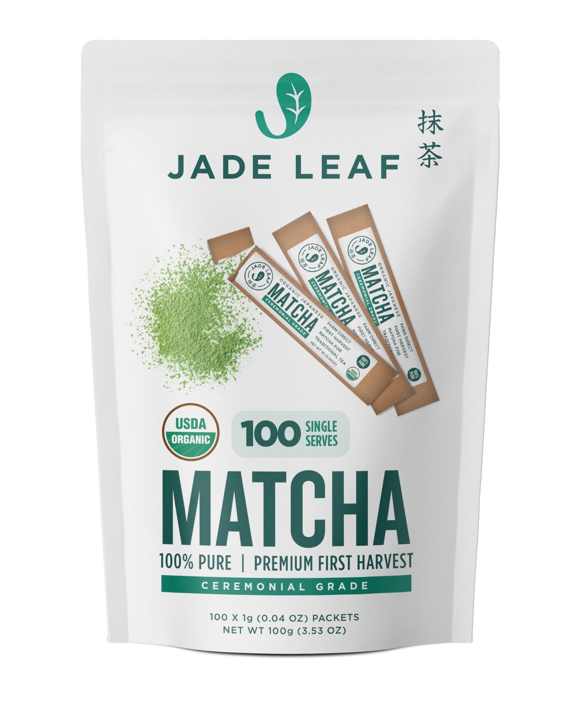Jade Leaf Matcha Organic Ceremonial Grade Green Tea Powder - Farm Direct First Harvest - Single Serve Stick Packs - Authentic Japanese Origin (100 Count Single Serve Stick Pack Box)