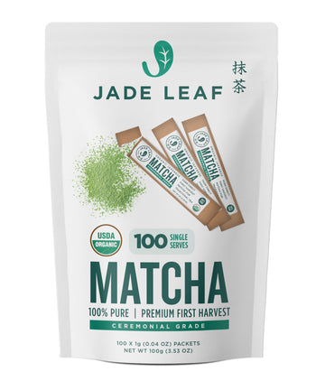 Jade Leaf Matcha Organic Ceremonial Grade Green Tea Powder - Farm Direct First Harvest - Single Serve Stick Packs - Authentic Japanese Origin (100 Count Single Serve Stick Pack Box)