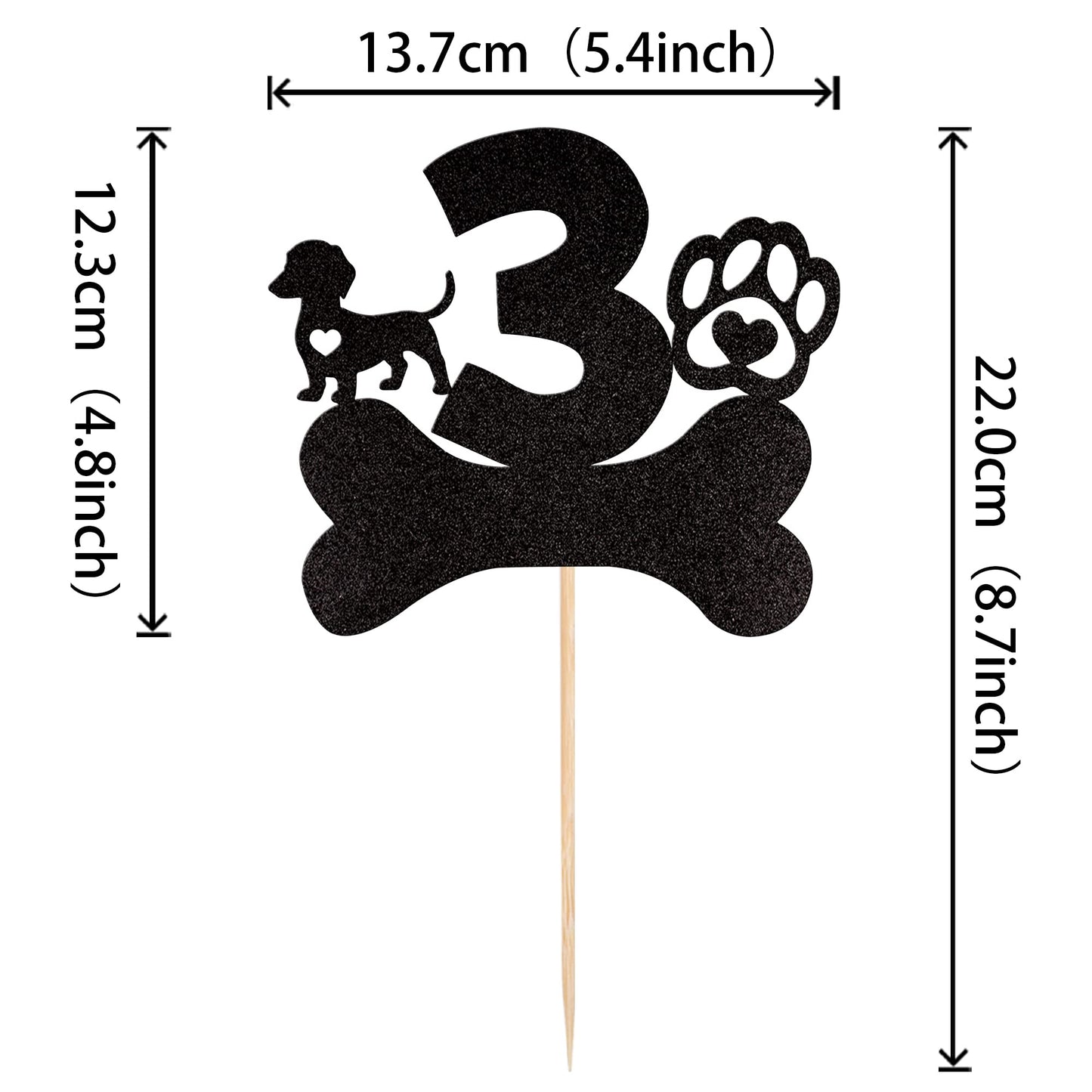 1 Pcs 3Rd Birthday Cake Topper Black Glitter Dog Paw Three Years Old Birthday Puppy Dog Bone Cake Pick For Let'S Pawty Baby Show