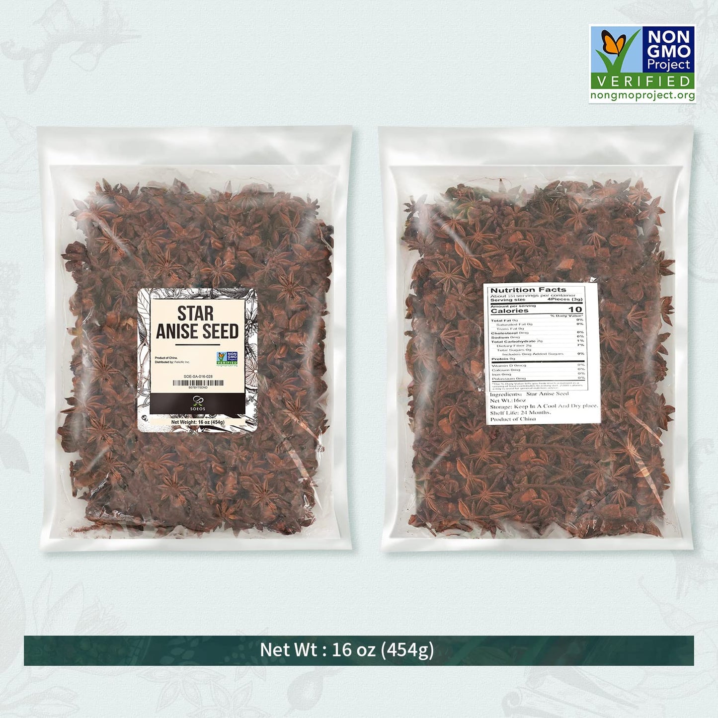 Soeos Star Anise Seeds 16 ounce (1 lb), Whole Chinese Star Anise Seed, Fresh and Pure Star Anise Pod, Non-GMO, Star Anise Spice