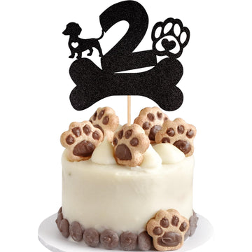 1 PCS 2nd Birthday Cake Topper Black Glitter Dog Paw Two Years Old Birthday Puppy Dog Bone Cake Pick for Let's Pawty Baby Shower