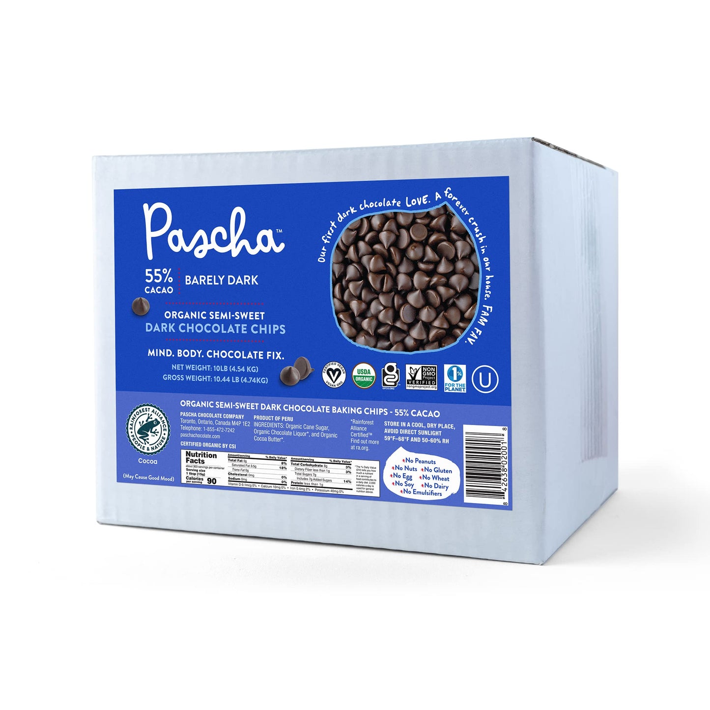 Pascha Bulk Organic Semi-Sweet Chocolate Chips, 55% Cacao, 10 Pound
