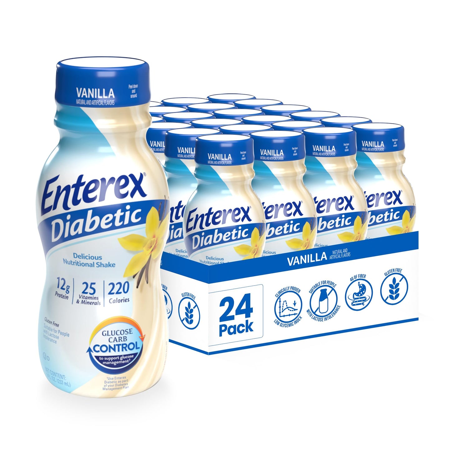 Enterex Diabetic Nutritional Shake - 12g of Protein  Low Glycemic Index  Vanilla  8 fl oz Bottle  24 Count