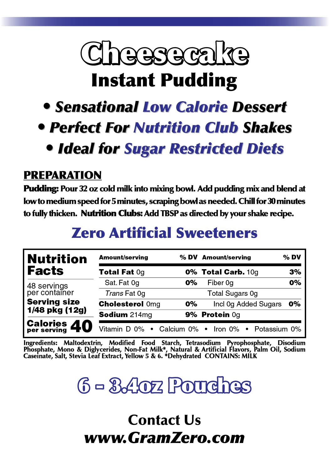 Gramzero Cheesecake Sugar Free Pudding Mix 6-Pack, Great For Nutrition Club Meal Replacement Shakes, Low Calorie Dessert, Stevia