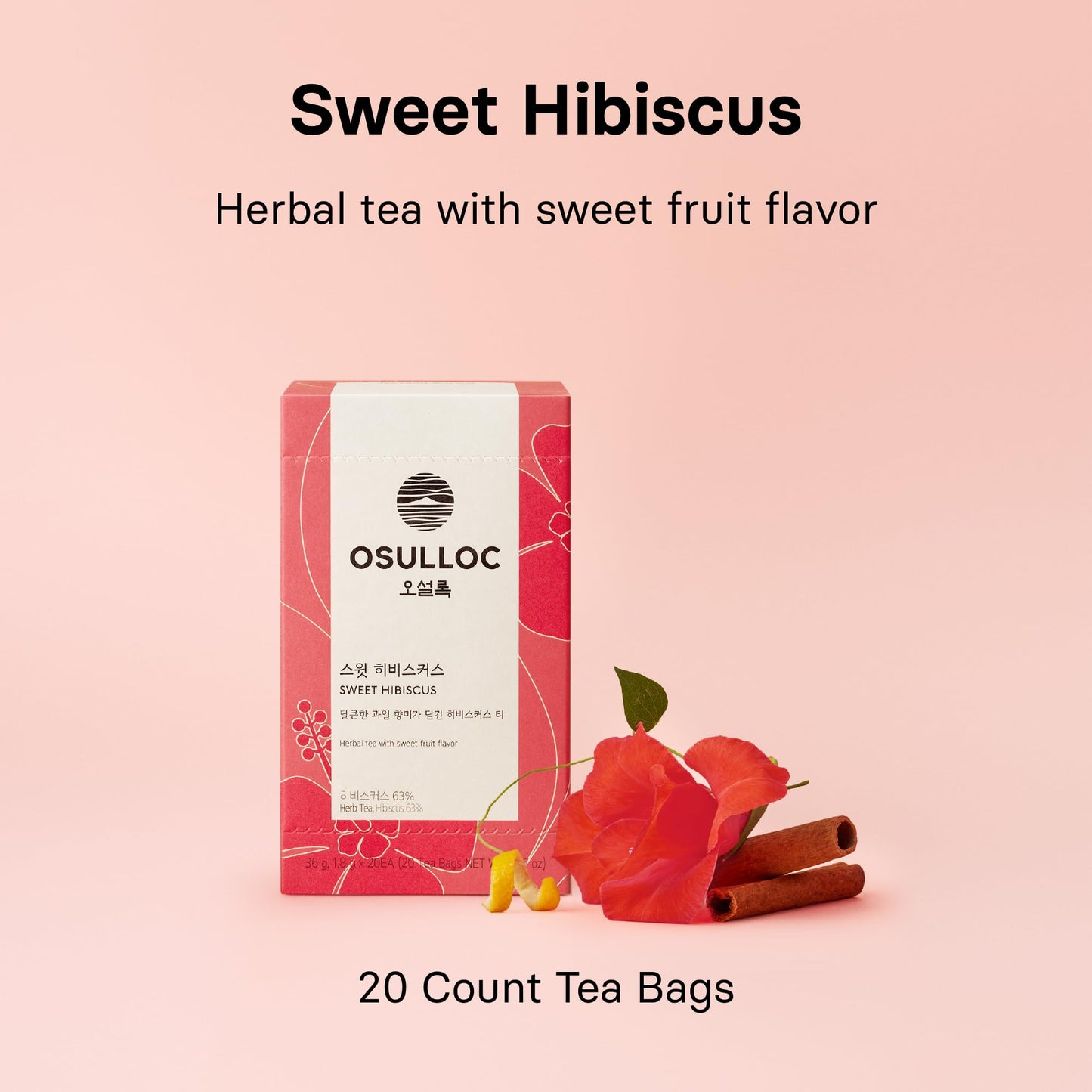 Osulloc Sweet Hibiscus (Lemon & Cinnamon Flavor), Decaffeinated Herbal Tea, Relaxing Fruit Blended Hibiscus Tea, Premium Tea Bag