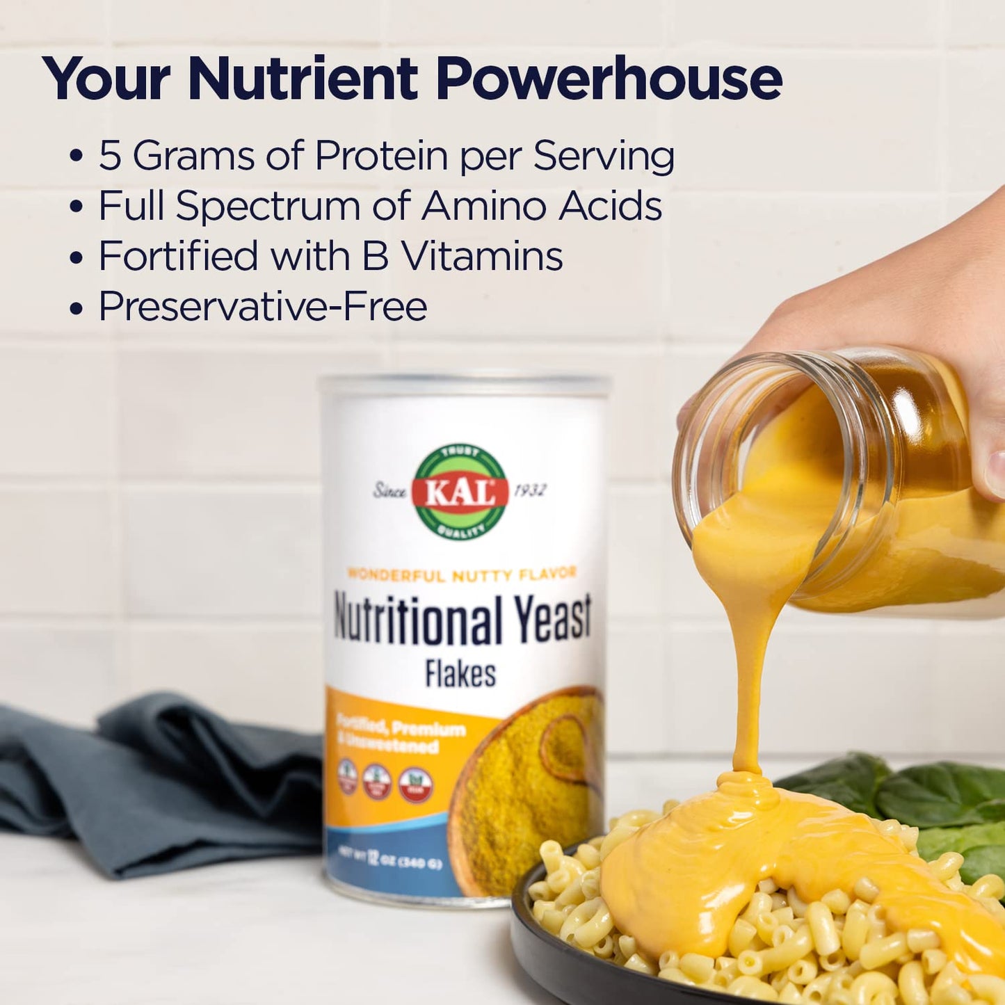 KAL Nutritional Yeast Flakes, Fortified with B12, Vegan, Gluten Free, 22oz (62 Servings), Model 8980537