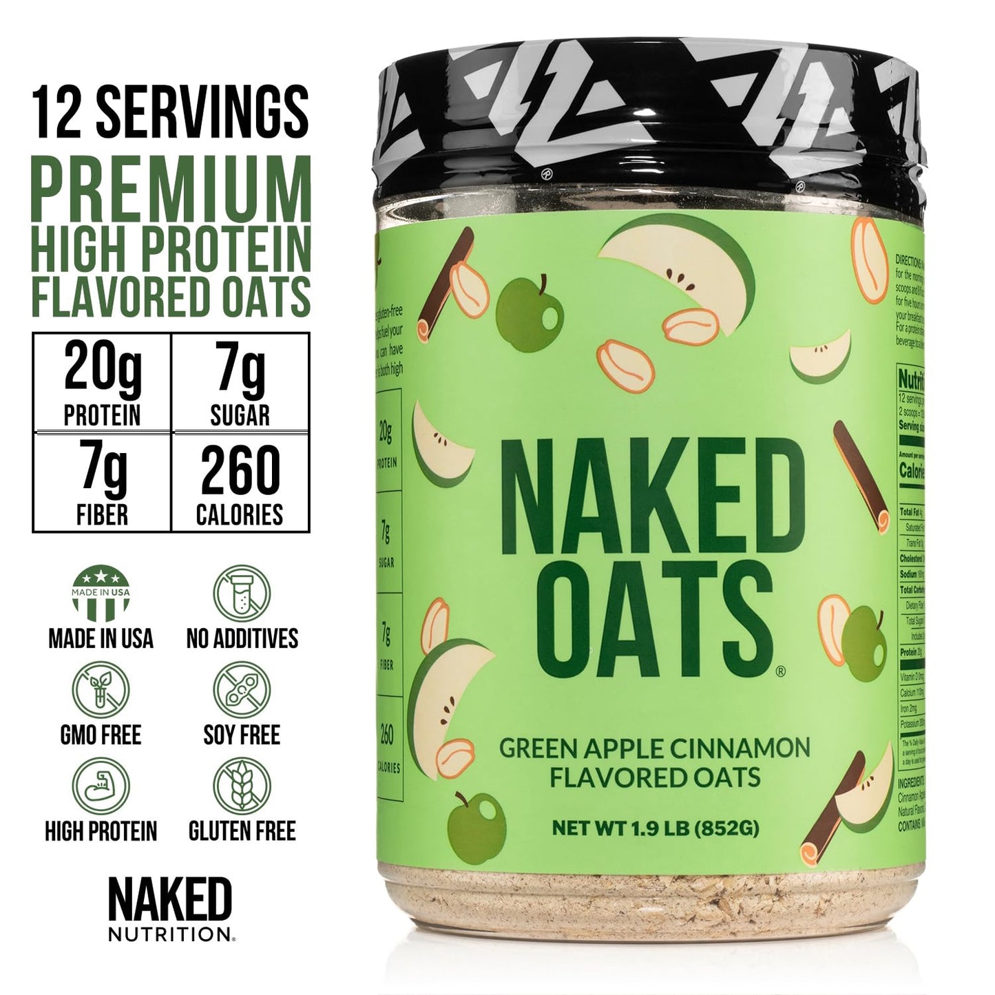 Naked Nutrition Apple Cinnamon Overnight Oats - 20g Protein, Gluten-Free, High Fiber, 30.4 Ounce (Pack of 1)