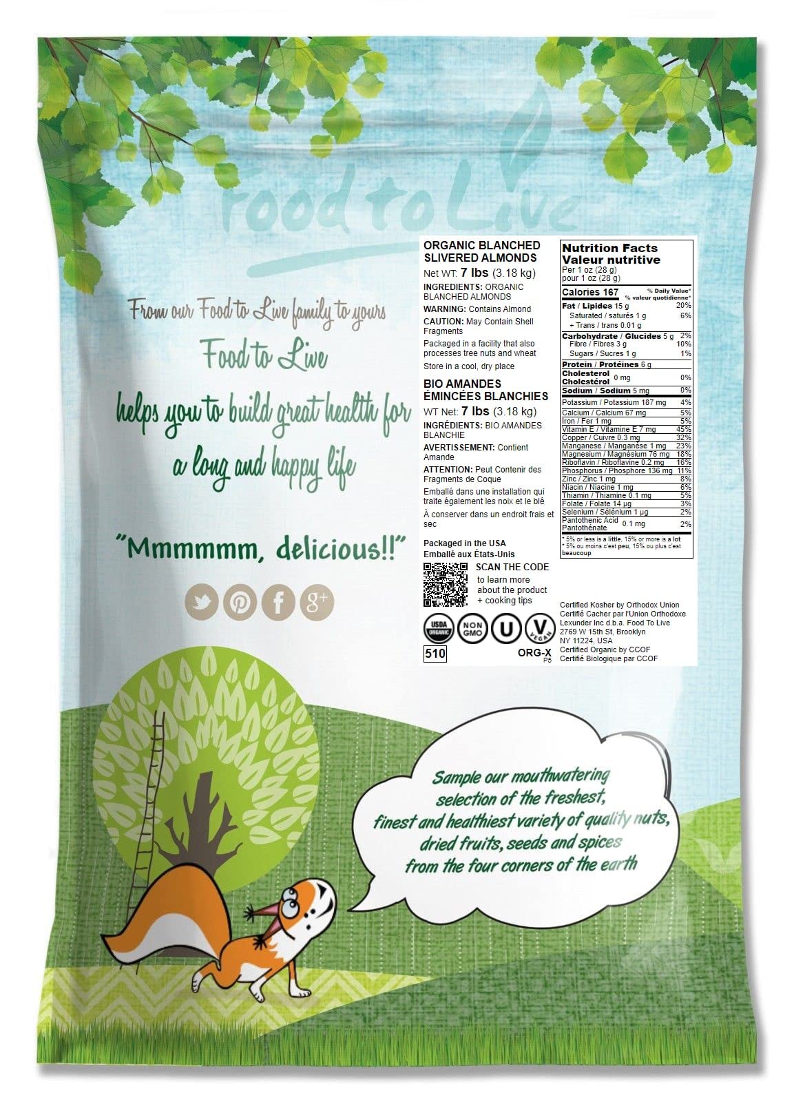 Food To Live Organic Blanched Slivered Almonds, 7 Pounds - Non-Gmo, Raw, Unpasteurized, Unsalted, Vegan, Keto, Paleo, Kosher, Bu