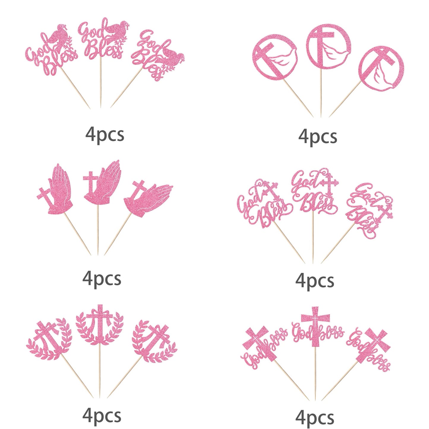 YCTHUNFISH Cupcake Toppers 24 Pack Religious Theme Pink Glitter Cross Dove of Peace Decorations for Baby Shower Kids Birthday Party