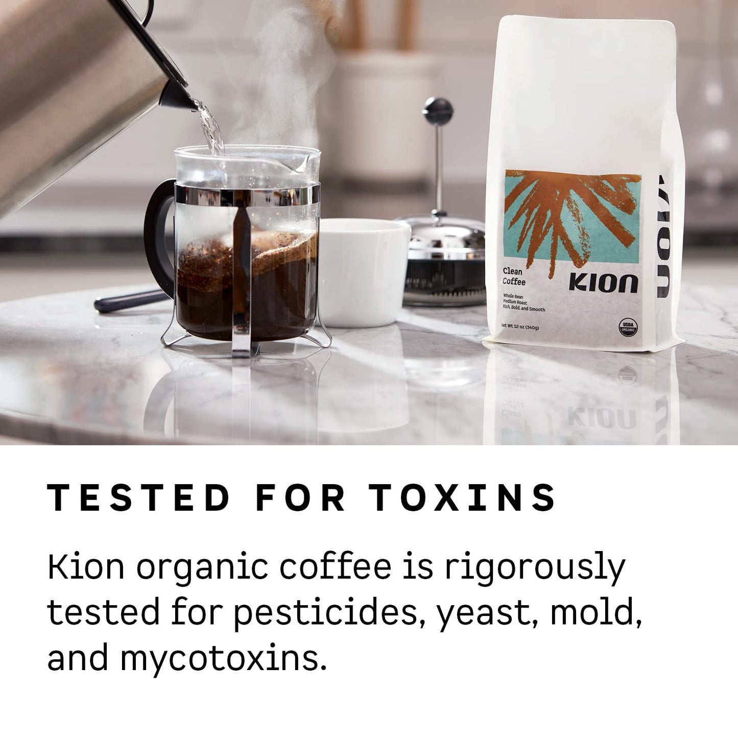 Kion Organic Whole Bean Coffee, Tested for Toxins, Ethically Sourced, Rich, Bold, and Smooth, Medium Roast 12 Oz (1 Pack)