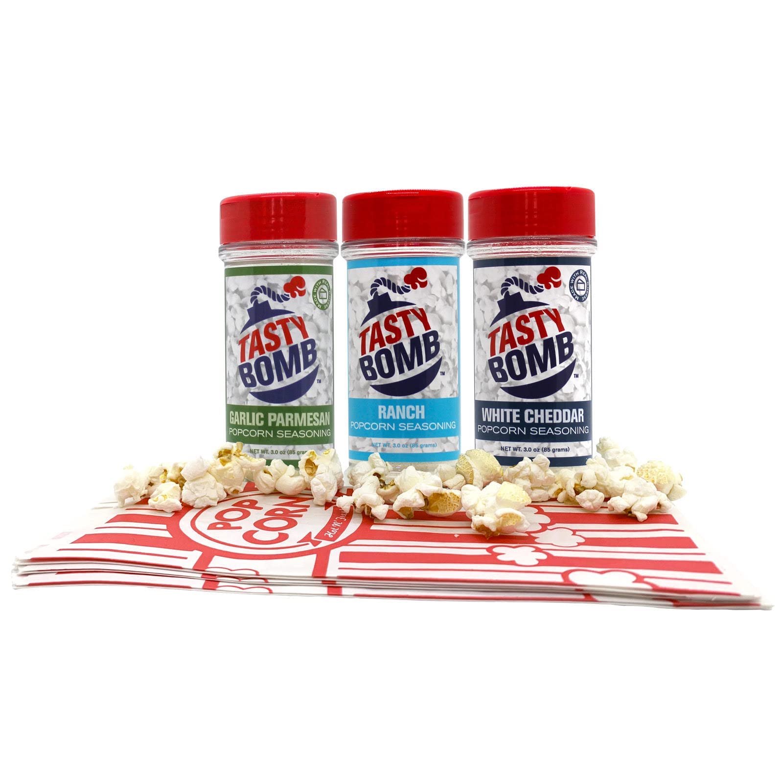 Tasty Bomb Popcorn Seasoning Variety Pack - White Cheddar, Ranch, Garlic Parmesan - Gluten-Free Keto Snack - 3 Ounce (Pack of 3)