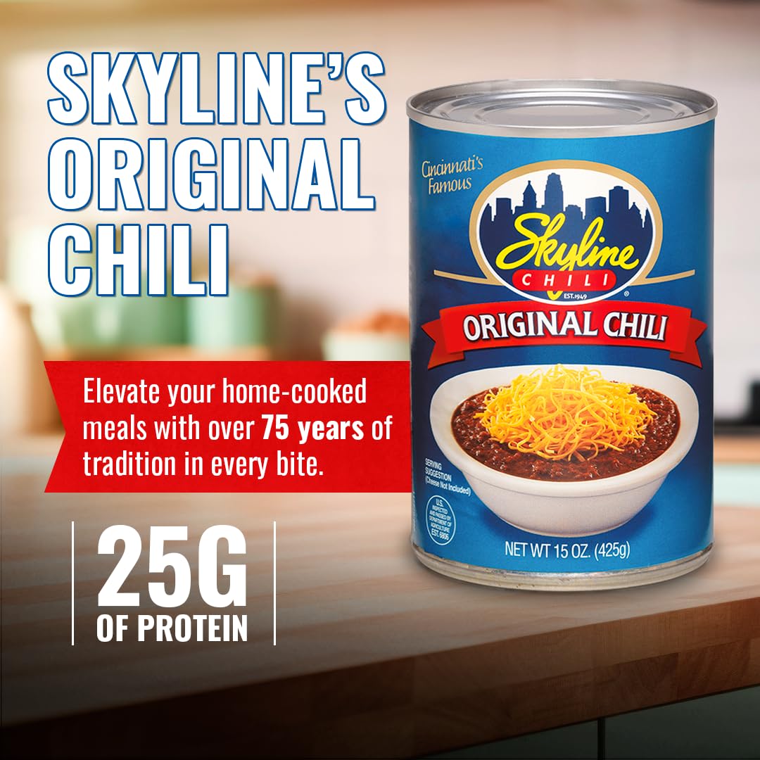 Skyline Chili, Classic Cincinnati Recipe, Made with Beef, 23g Protein, 15 oz can, Pack of 8