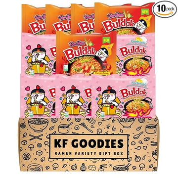 KF GOODIES Korean Ramen Variety Pack Gift Box (10 Count) – Spicy Buldak Noodle Assortment for Birthdays, College Care Packages, Office Snacks, and Gift Baskets