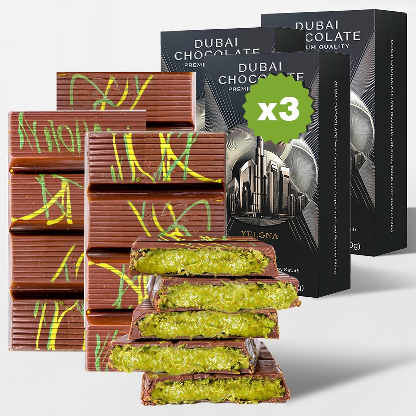 Yelgna & Moust Dubai Chocolate Bar Pistachio, Pack of 3, 21.15 oz, Chocolate