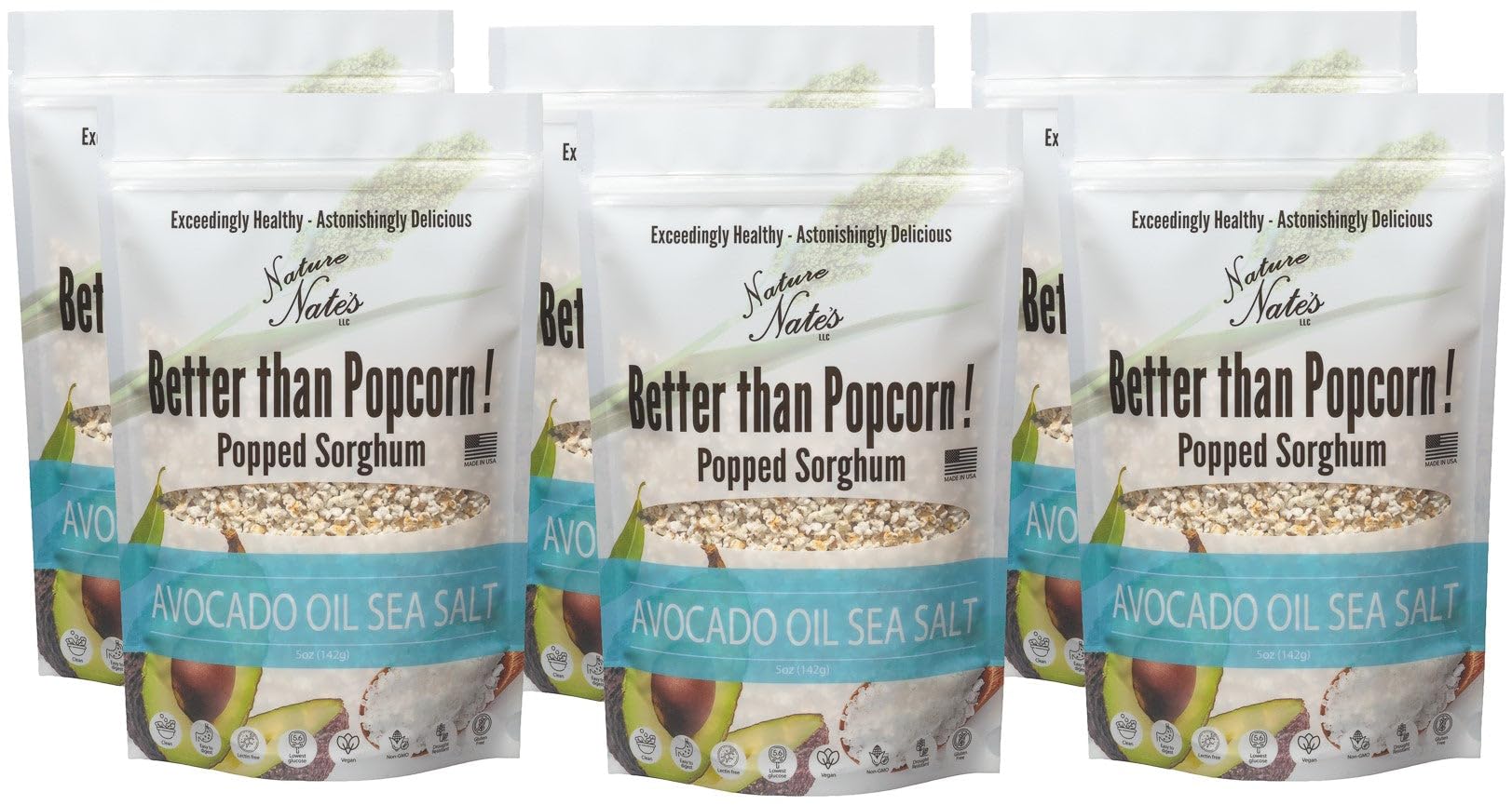 Nature Nates Popped Sorghum, Avocado Oil Sea Salt - Sorghum, Keto & Gluten Free, Healthy Snacks, Better Than Popcorn, Made in US