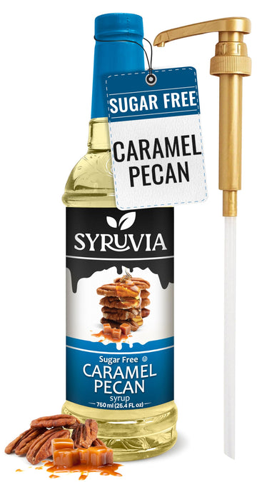 Syruvia Sugar Free Caramel Pecan Syrup With Syrup Pump Dispenser - Caramel Pecan Coffee Syrup Flavor, 25.4 fl oz, Kosher, Gluten