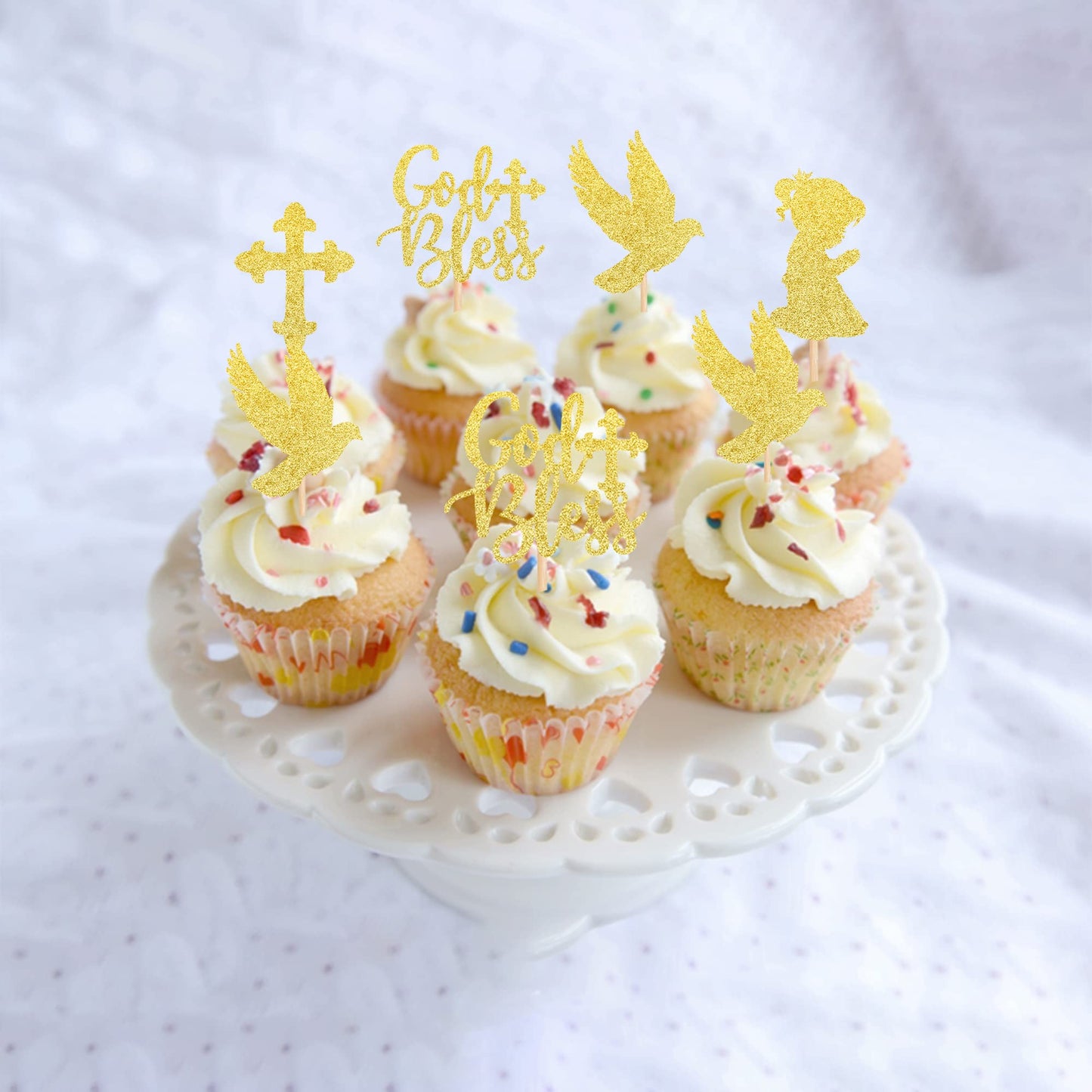ZHUOWEISM Cupcake Toppers 24 PCS Gold Glitter Dove Baptism Picks Small Bamboo Design 1