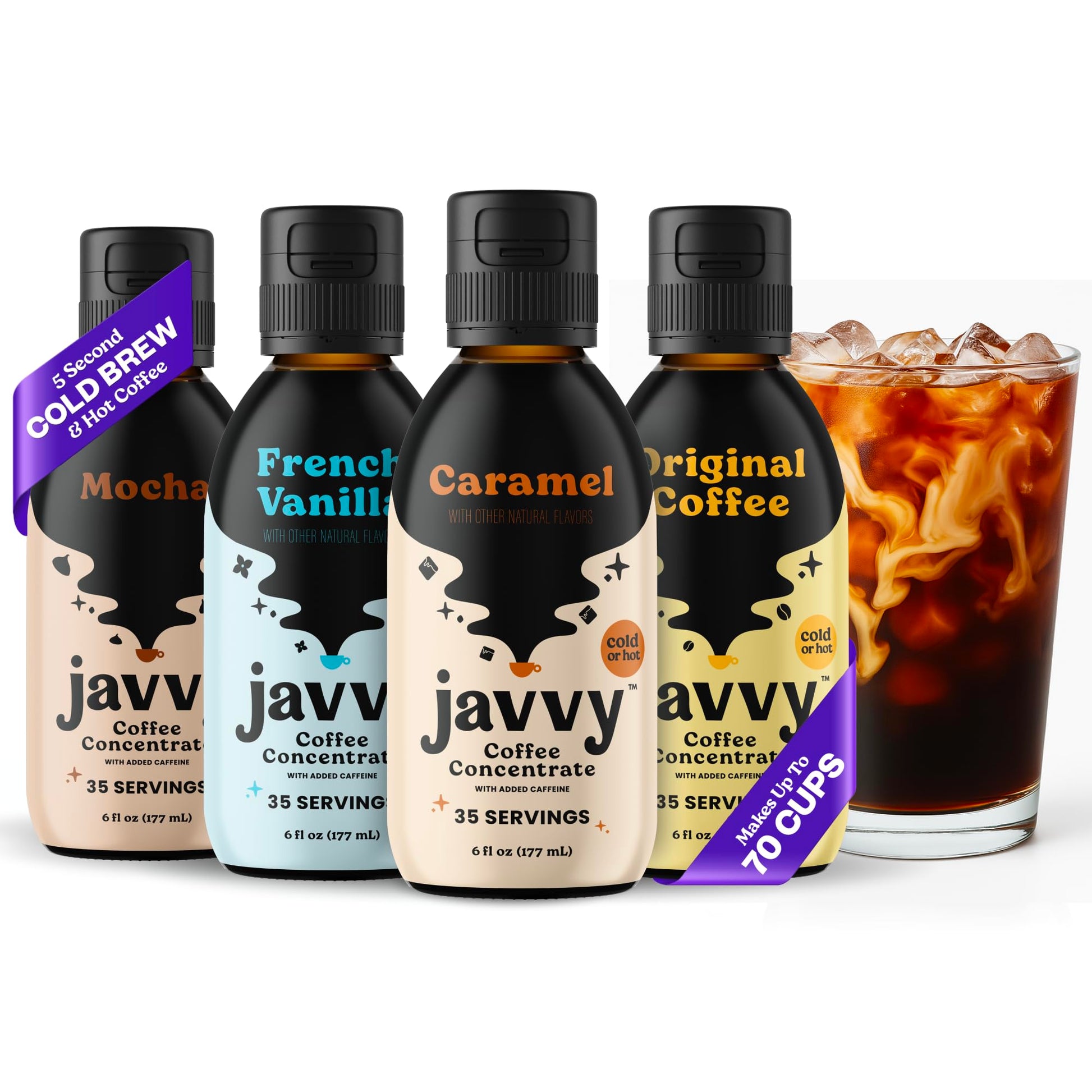 Javvy Coffee Concentrate Bundle - Cold Brew Coffee, 6 Fl Oz (Pack of 4), Black, Variety of Standard Flavors, 35 Servings