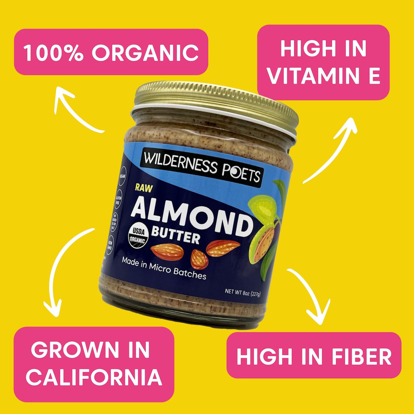 Wilderness Poets, Organic Almond Butter (7 Pound - 1 Gallon) - Raw, Unsweetened, Salt-Free, Vegan Nut Butter